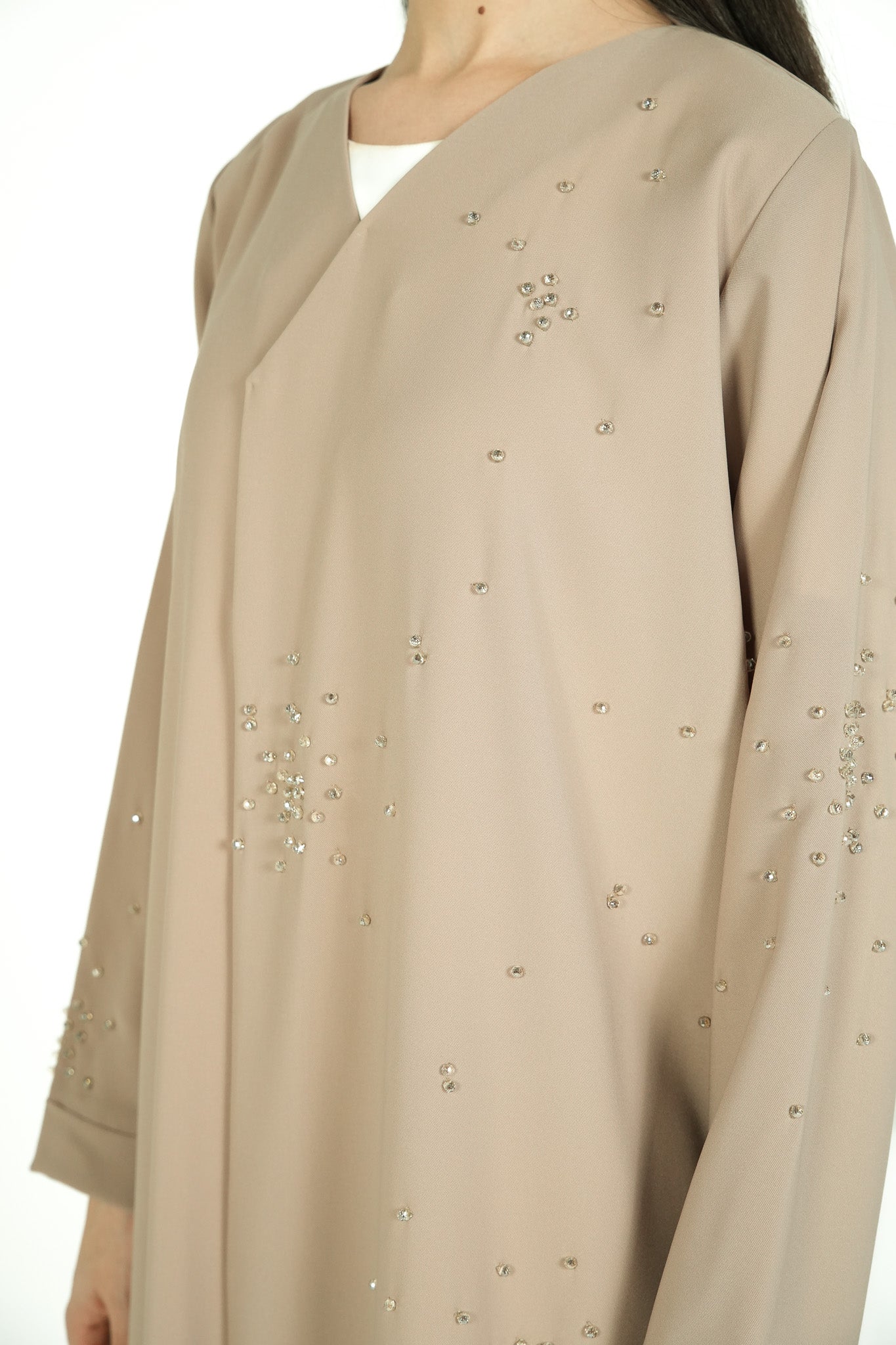 Beige Nova Crepe Abaya with Crystal Beadwork Detail - Posh Abaya