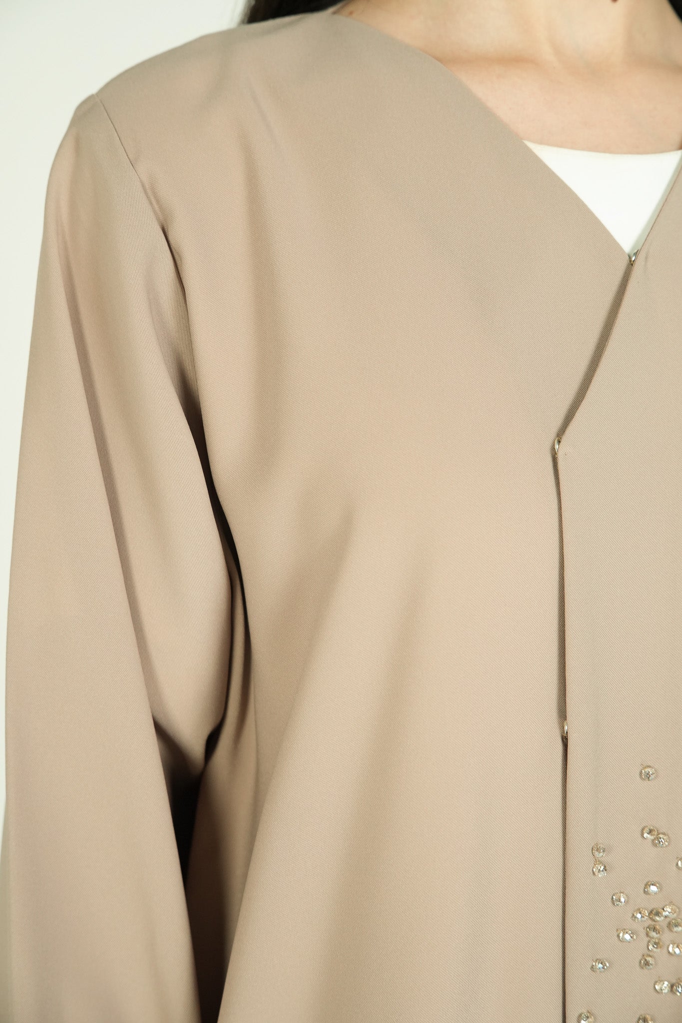 Beige Nova Crepe Abaya with Crystal Beadwork Detail - Posh Abaya