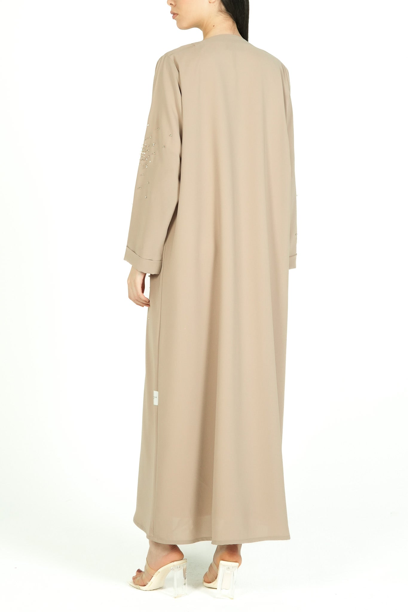 Beige Nova Crepe Abaya with Crystal Beadwork Detail - Posh Abaya