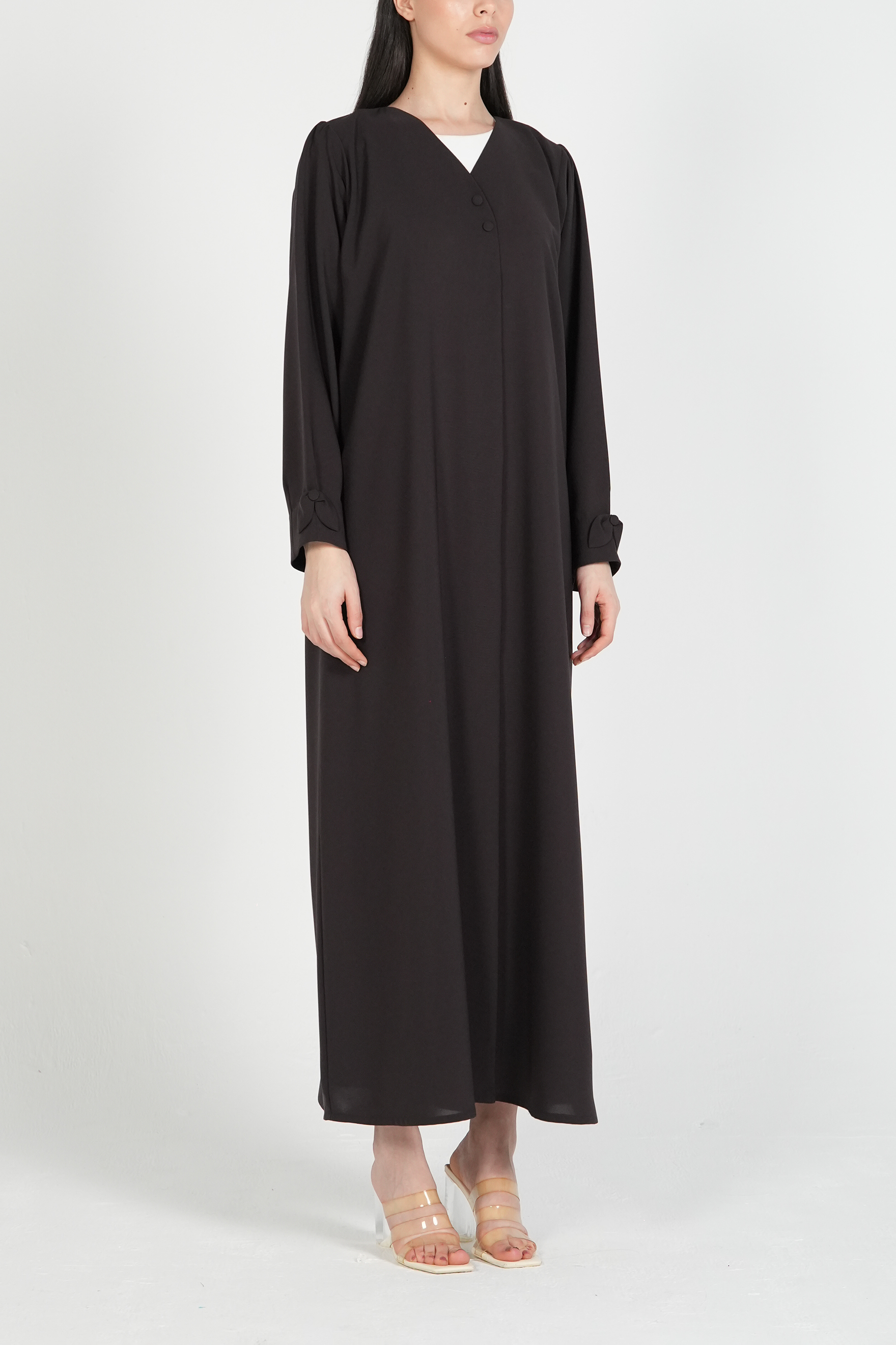 Brown Nova Crepe Abaya with Appliqué Bow Details on Sleeves - Posh Abaya