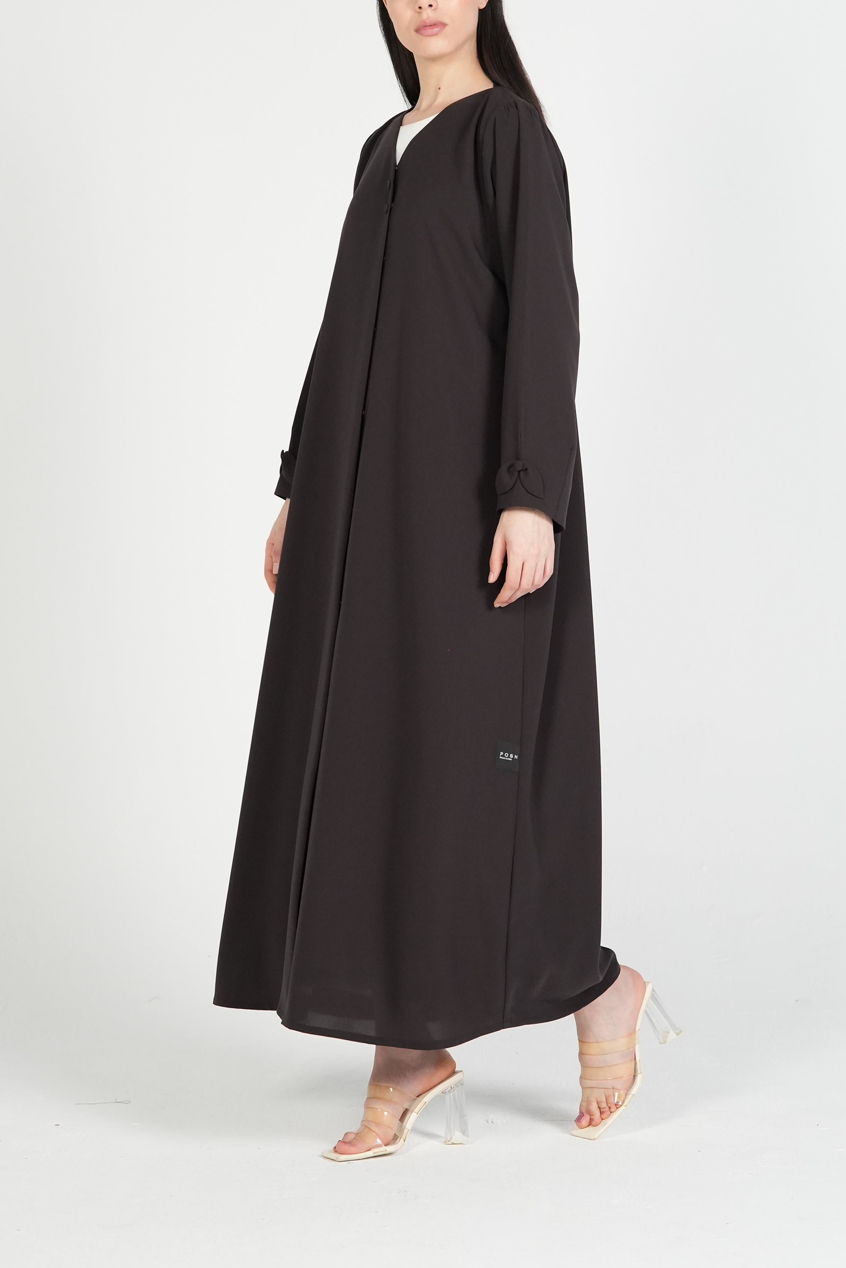 Brown Nova Crepe Abaya with Appliqué Bow Details on Sleeves - Posh Abaya