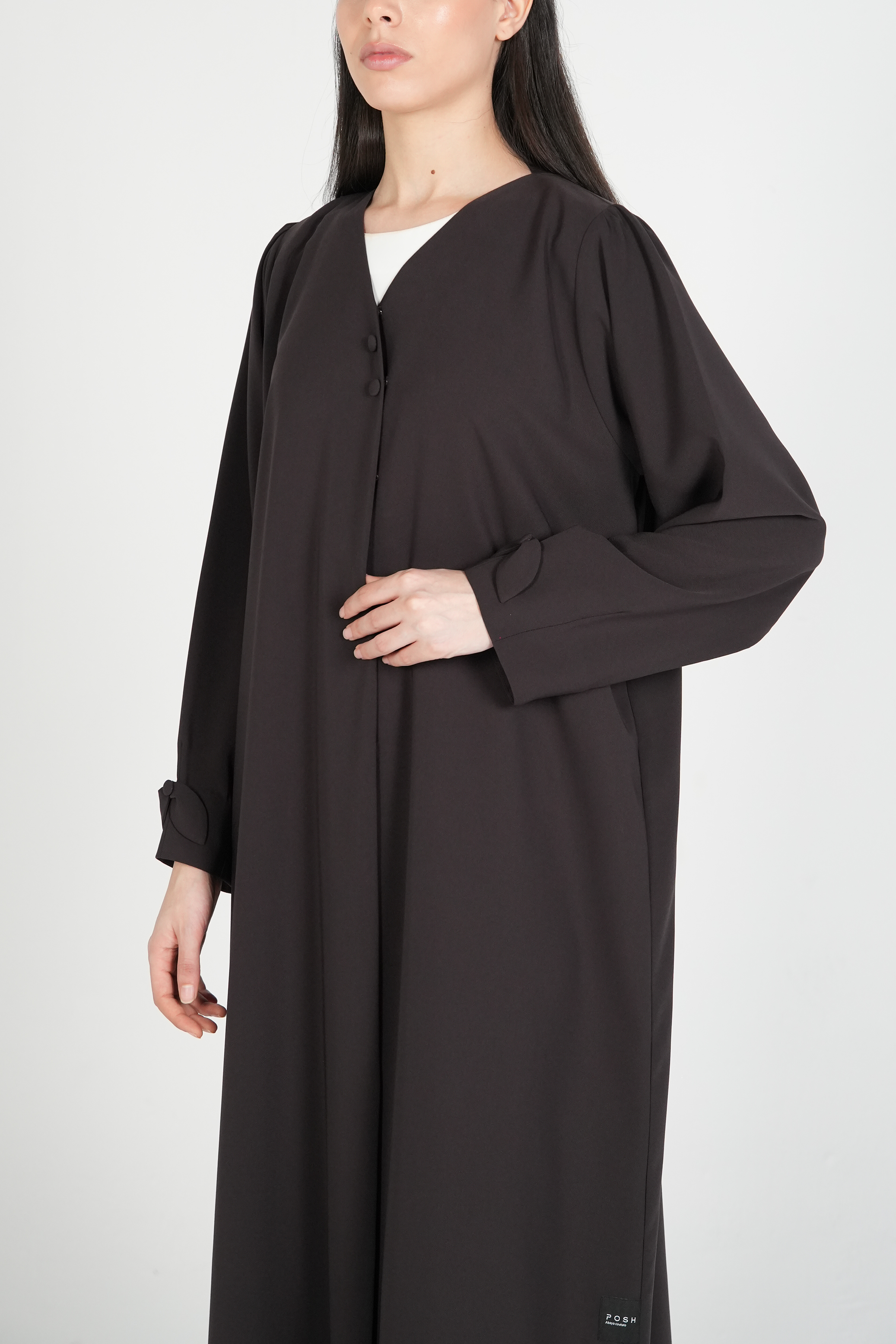 Brown Nova Crepe Abaya with Appliqué Bow Details on Sleeves - Posh Abaya