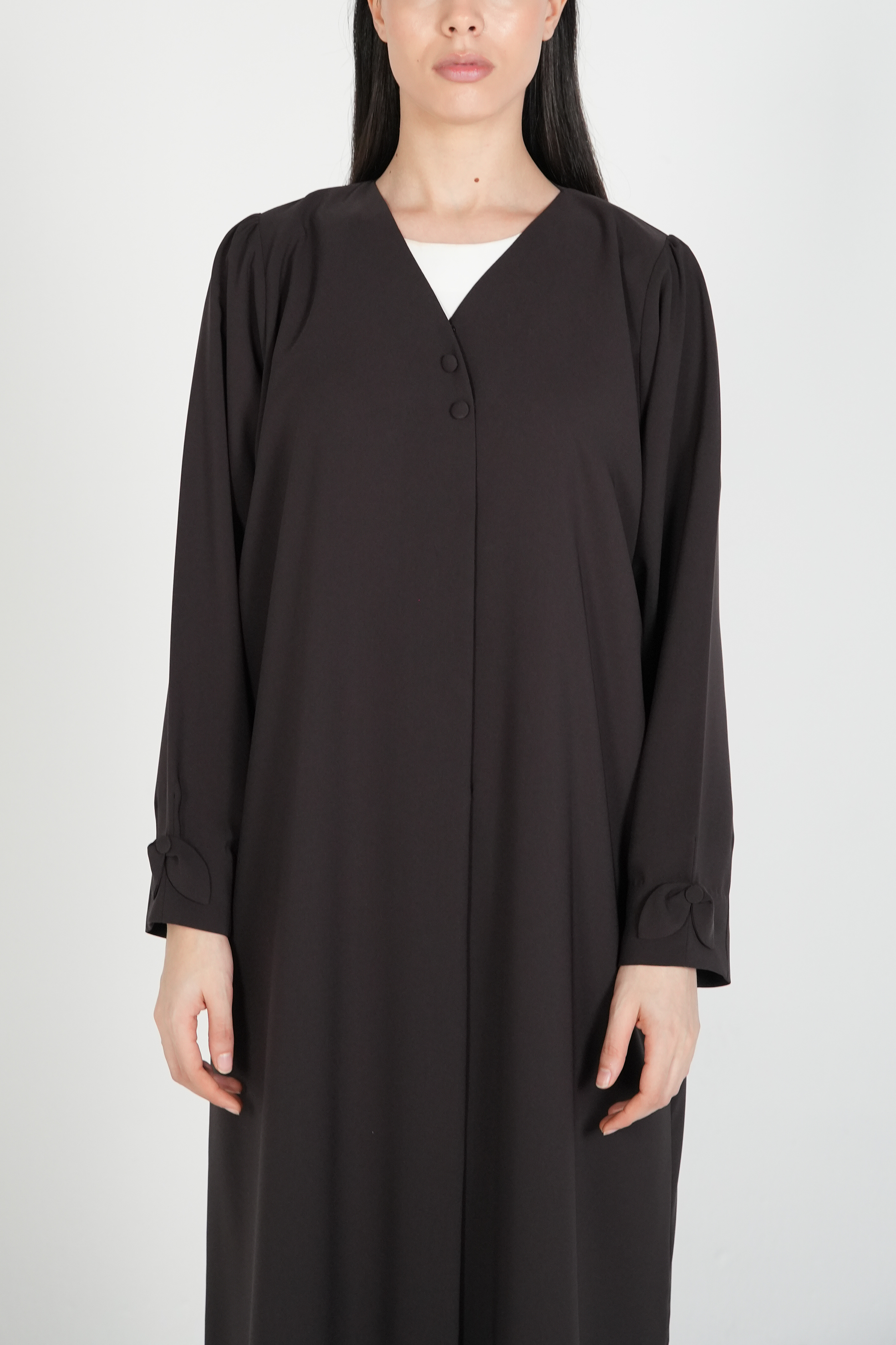 Brown Nova Crepe Abaya with Appliqué Bow Details on Sleeves - Posh Abaya