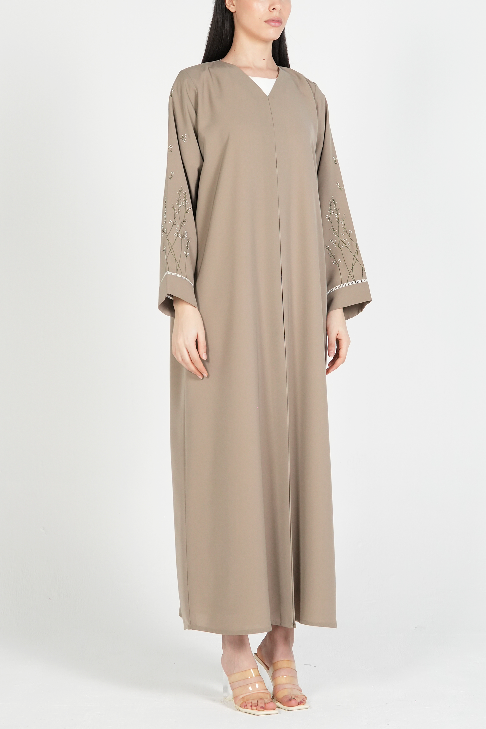 Beige Maya Crepe Abaya with Floral Threadwork on Sleeves - Posh Abaya