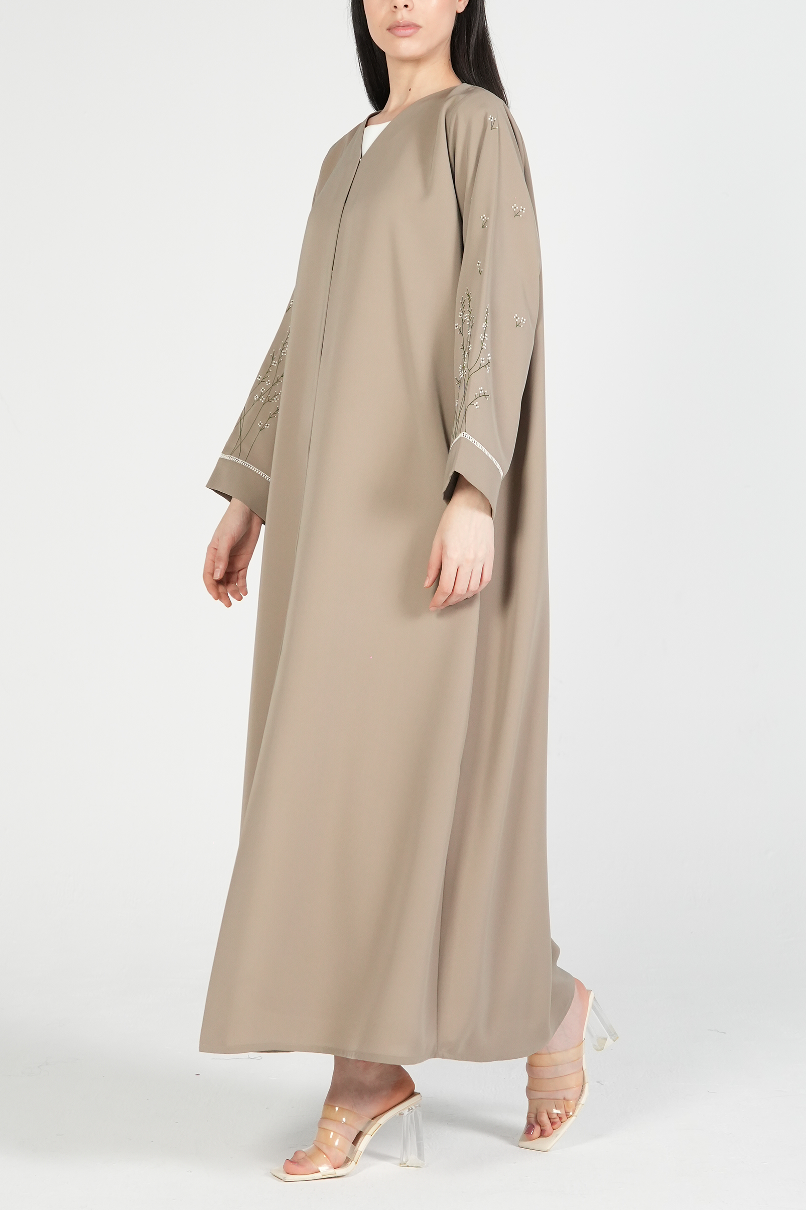 Beige Maya Crepe Abaya with Floral Threadwork on Sleeves - Posh Abaya