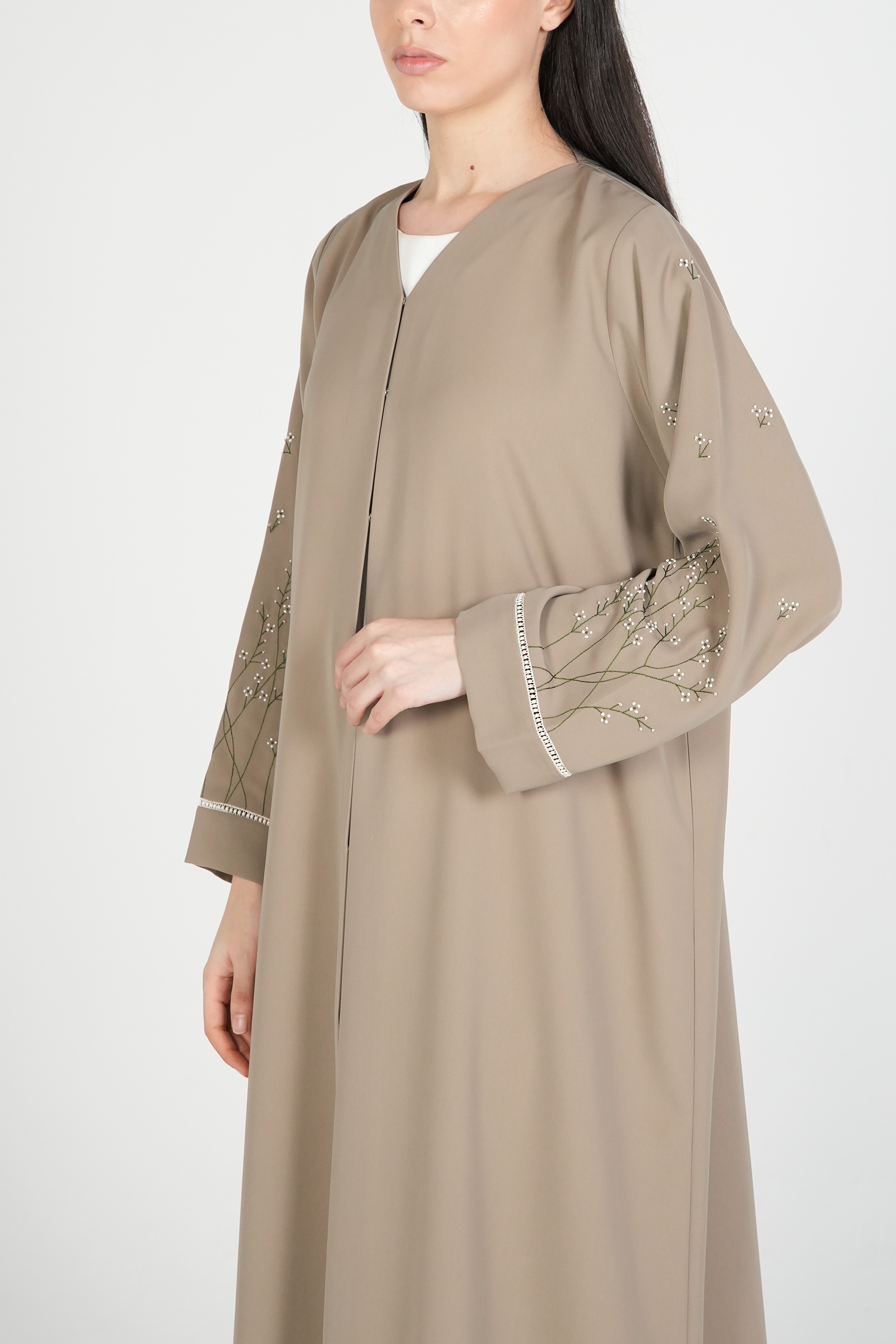 Beige Maya Crepe Abaya with Floral Threadwork on Sleeves - Posh Abaya