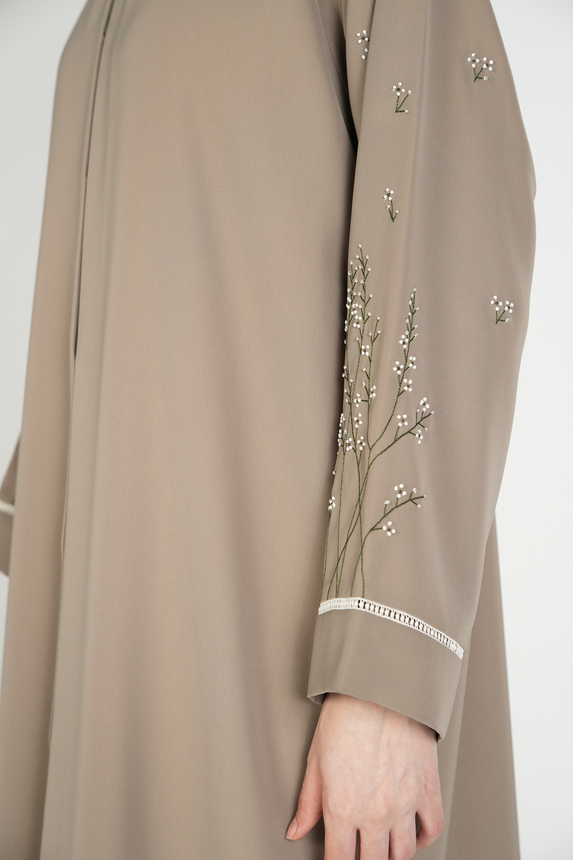 Beige Maya Crepe Abaya with Floral Threadwork on Sleeves - Posh Abaya