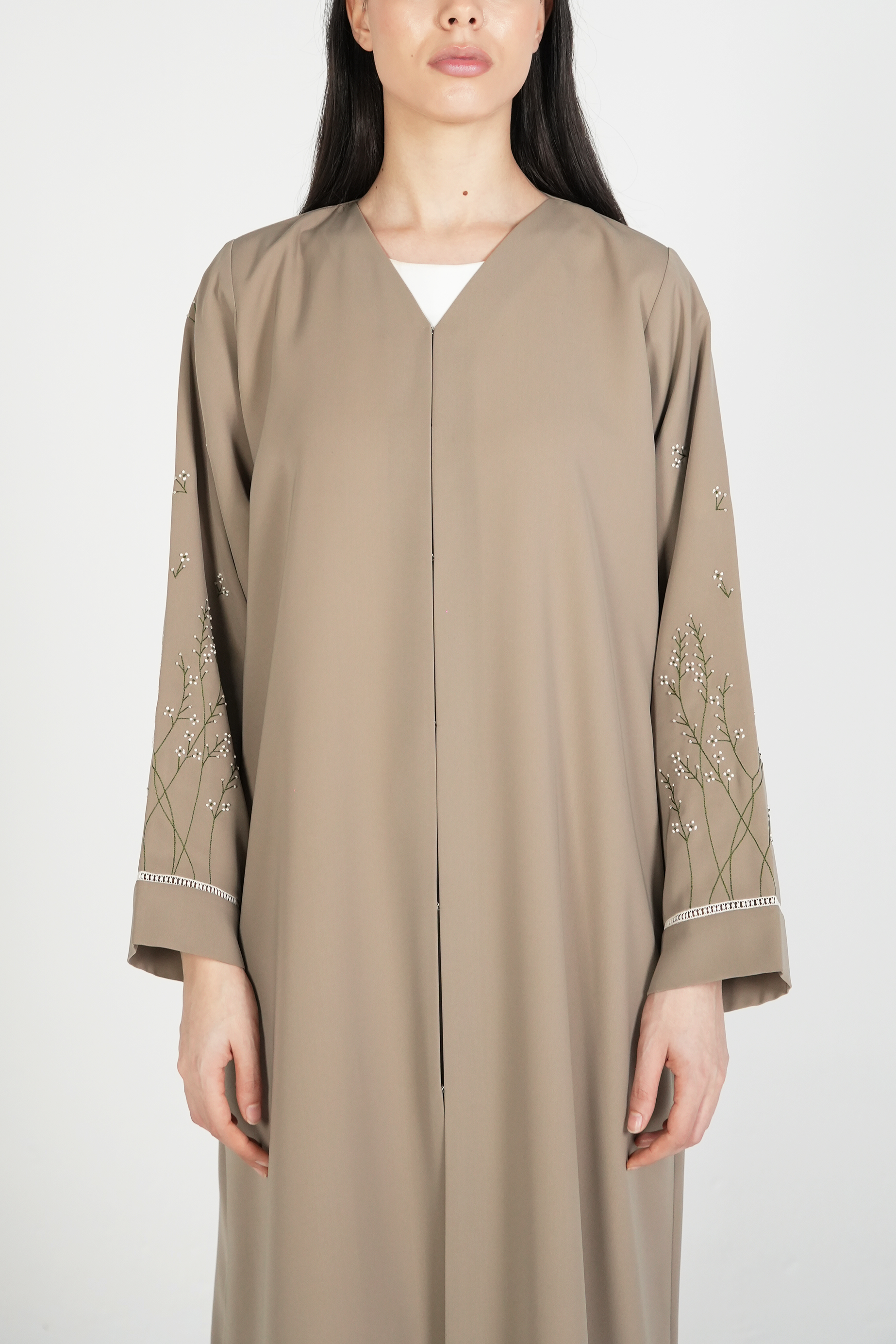 Beige Maya Crepe Abaya with Floral Threadwork on Sleeves - Posh Abaya