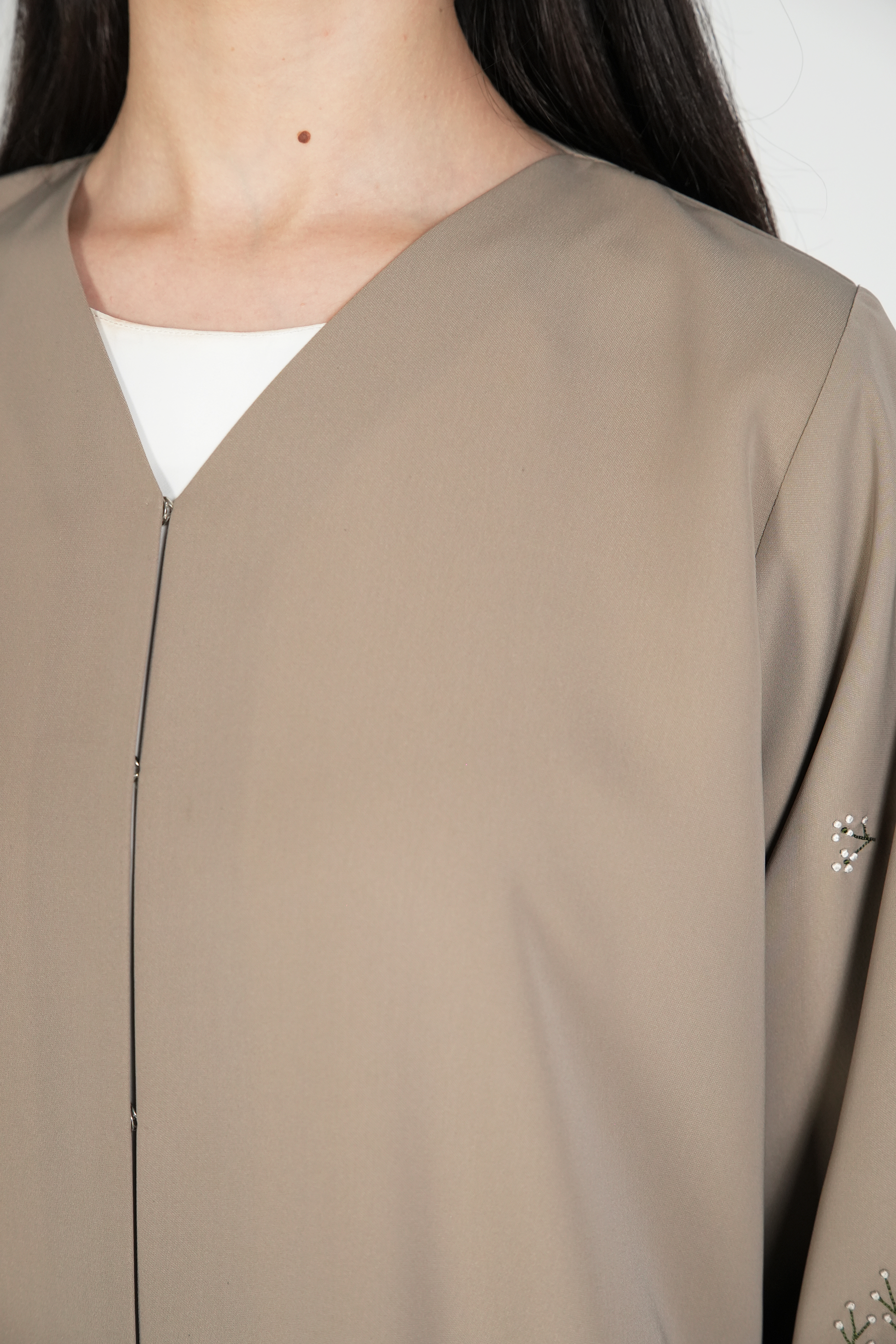 Beige Maya Crepe Abaya with Floral Threadwork on Sleeves - Posh Abaya