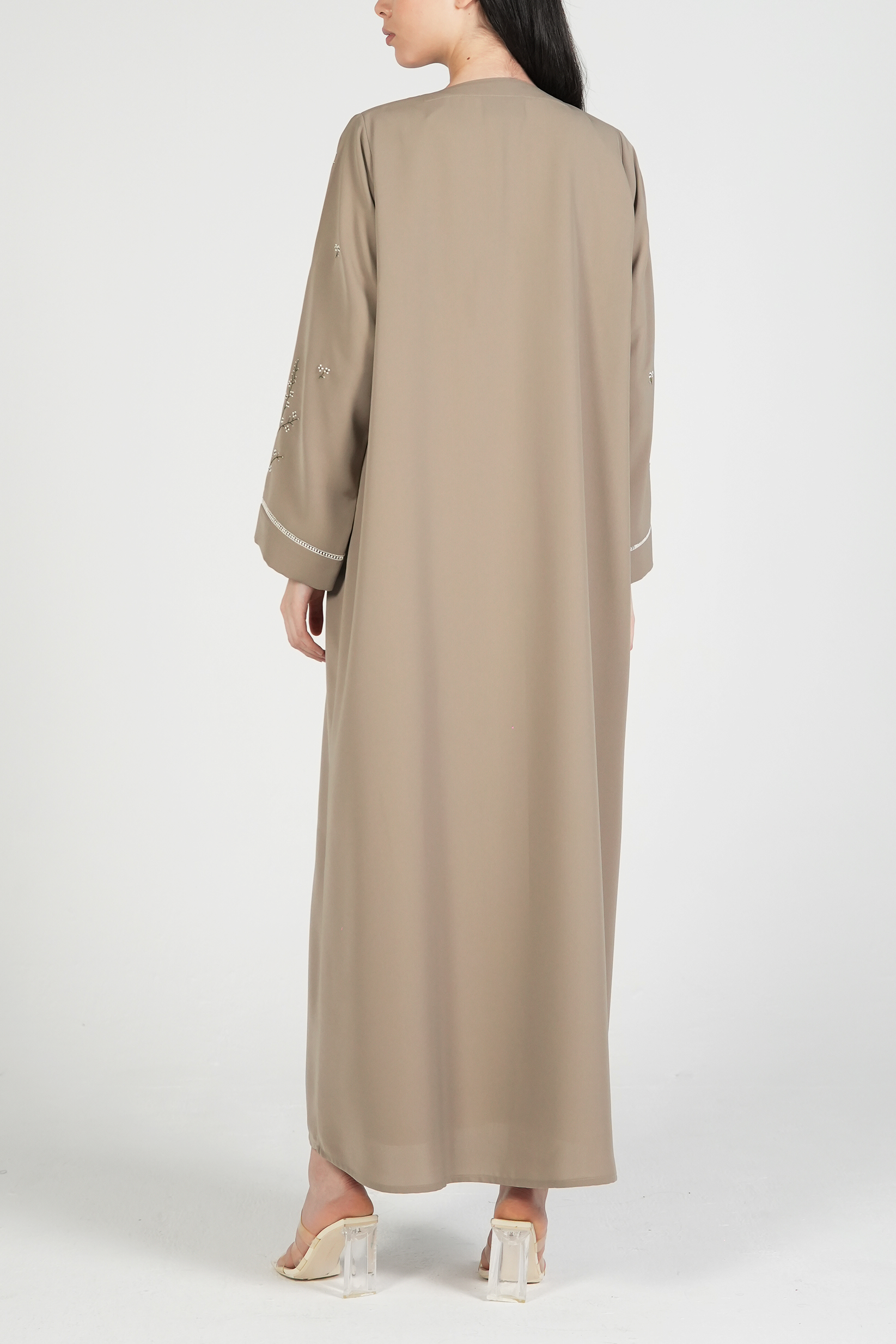 Beige Maya Crepe Abaya with Floral Threadwork on Sleeves - Posh Abaya