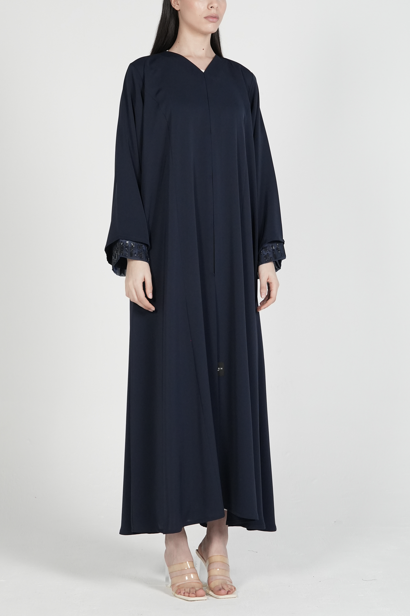 Blue Mario Crepe Abaya with Double Layer Sleeves and Contemporary Beadwork - Posh Abaya
