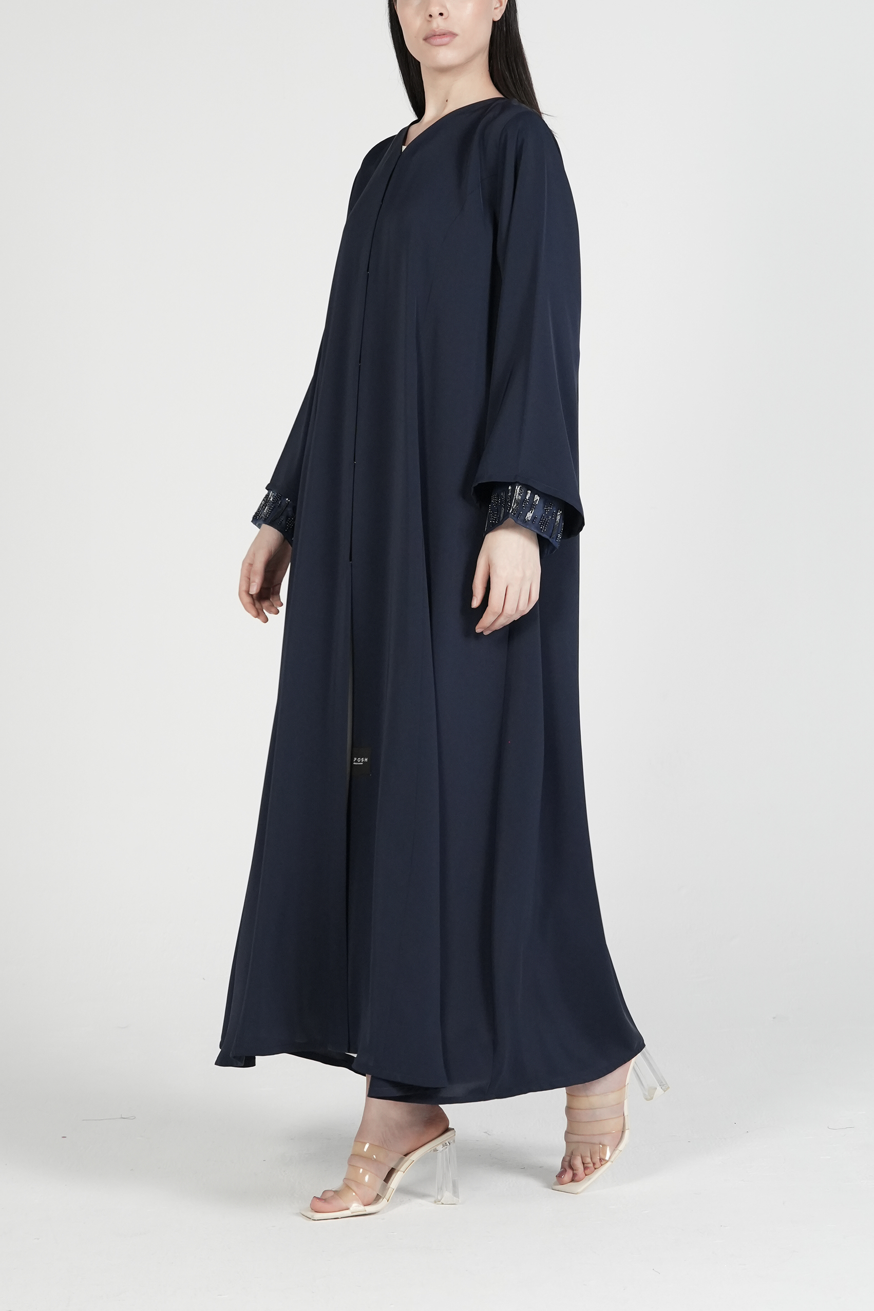 Blue Mario Crepe Abaya with Double Layer Sleeves and Contemporary Beadwork - Posh Abaya