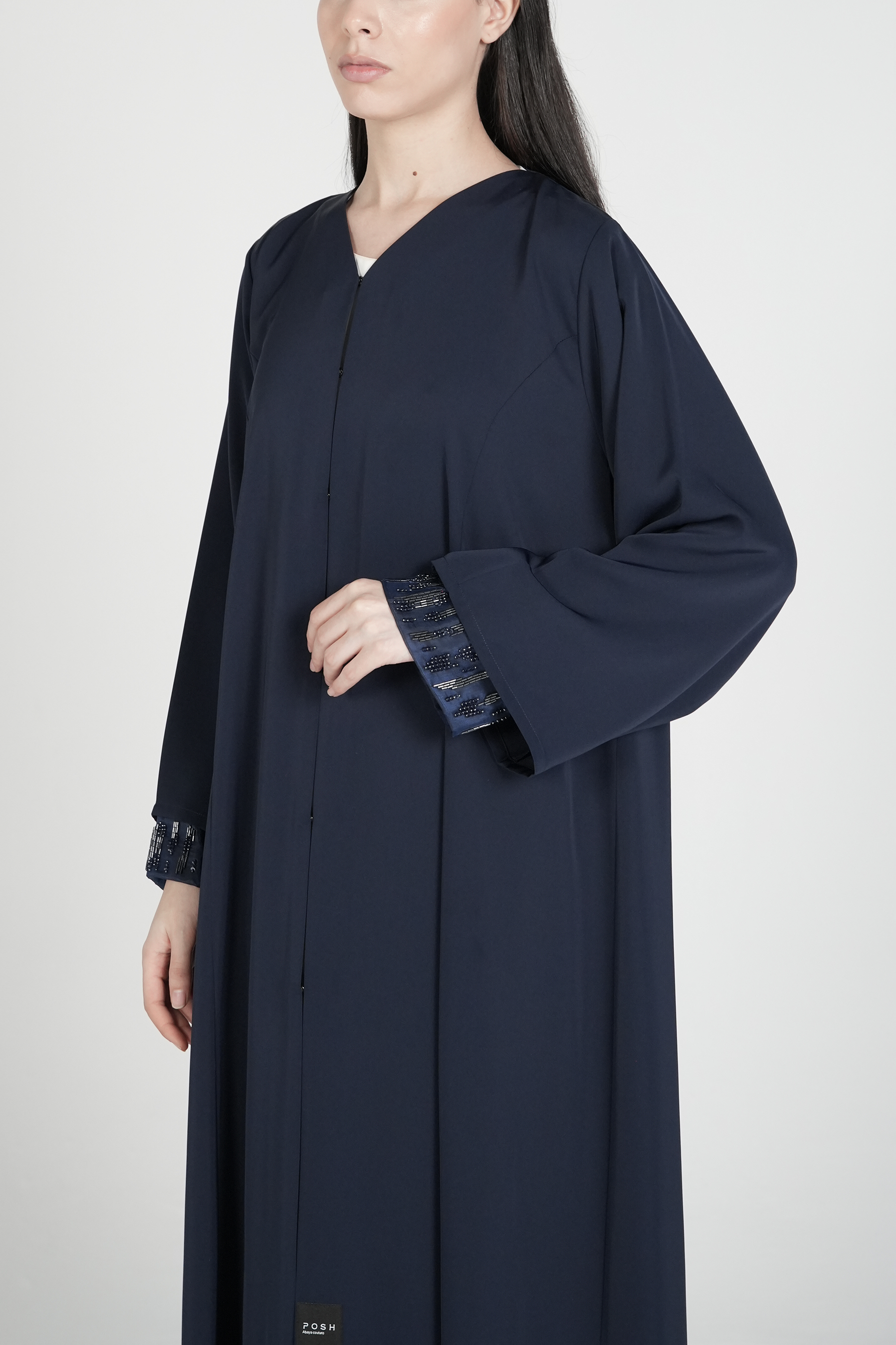 Blue Mario Crepe Abaya with Double Layer Sleeves and Contemporary Beadwork - Posh Abaya