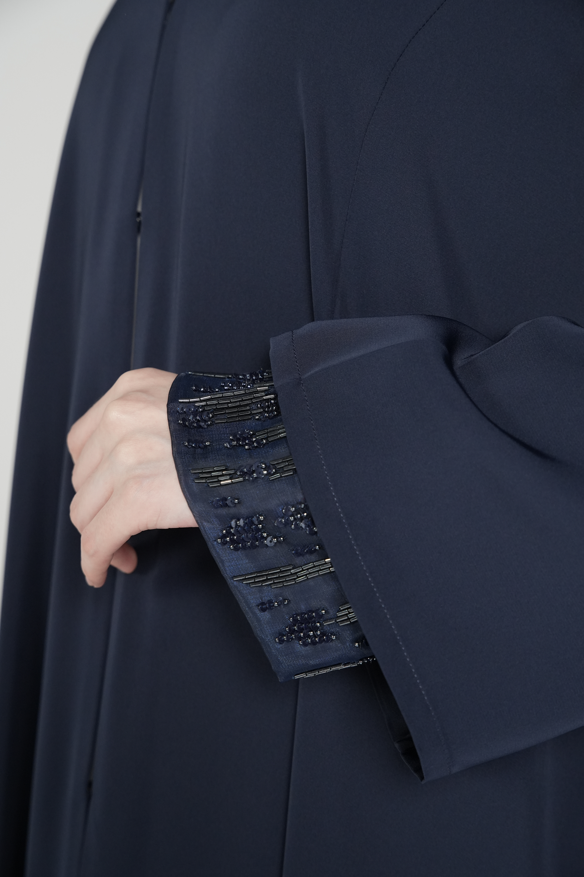 Blue Mario Crepe Abaya with Double Layer Sleeves and Contemporary Beadwork - Posh Abaya