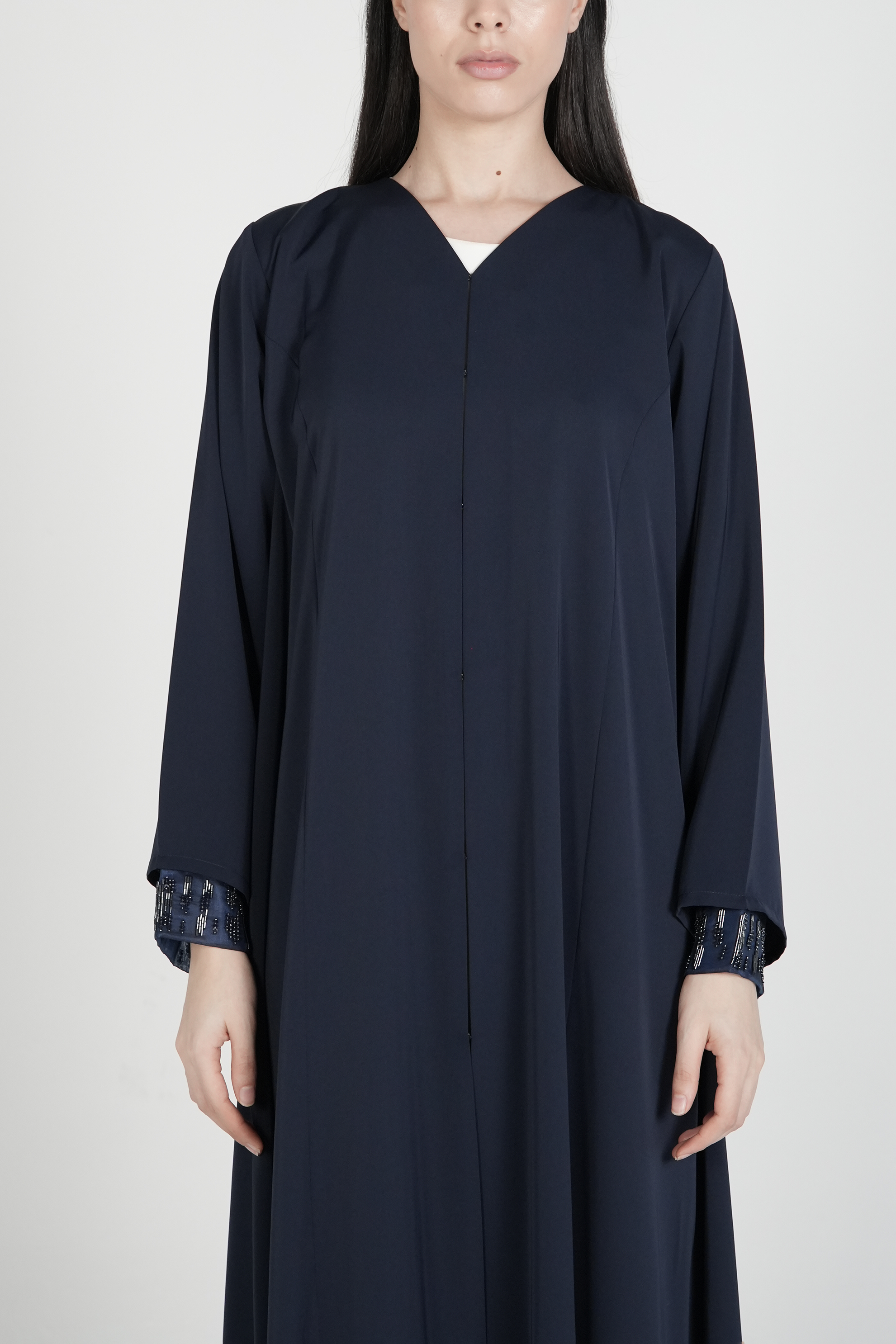 Blue Mario Crepe Abaya with Double Layer Sleeves and Contemporary Beadwork - Posh Abaya