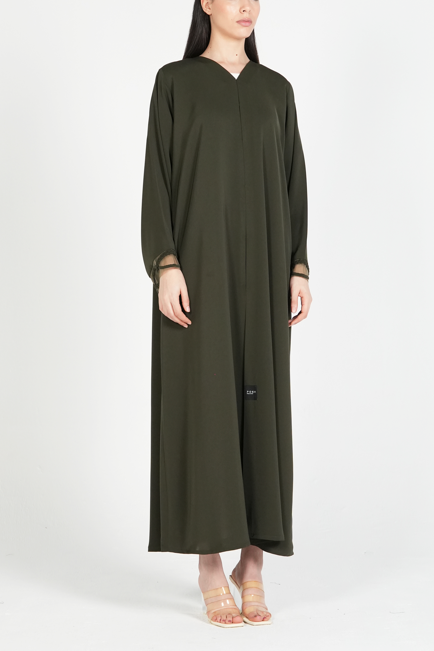 Green Mario Crepe Abaya with Dreadlock Design on Sleeves - Posh Abaya