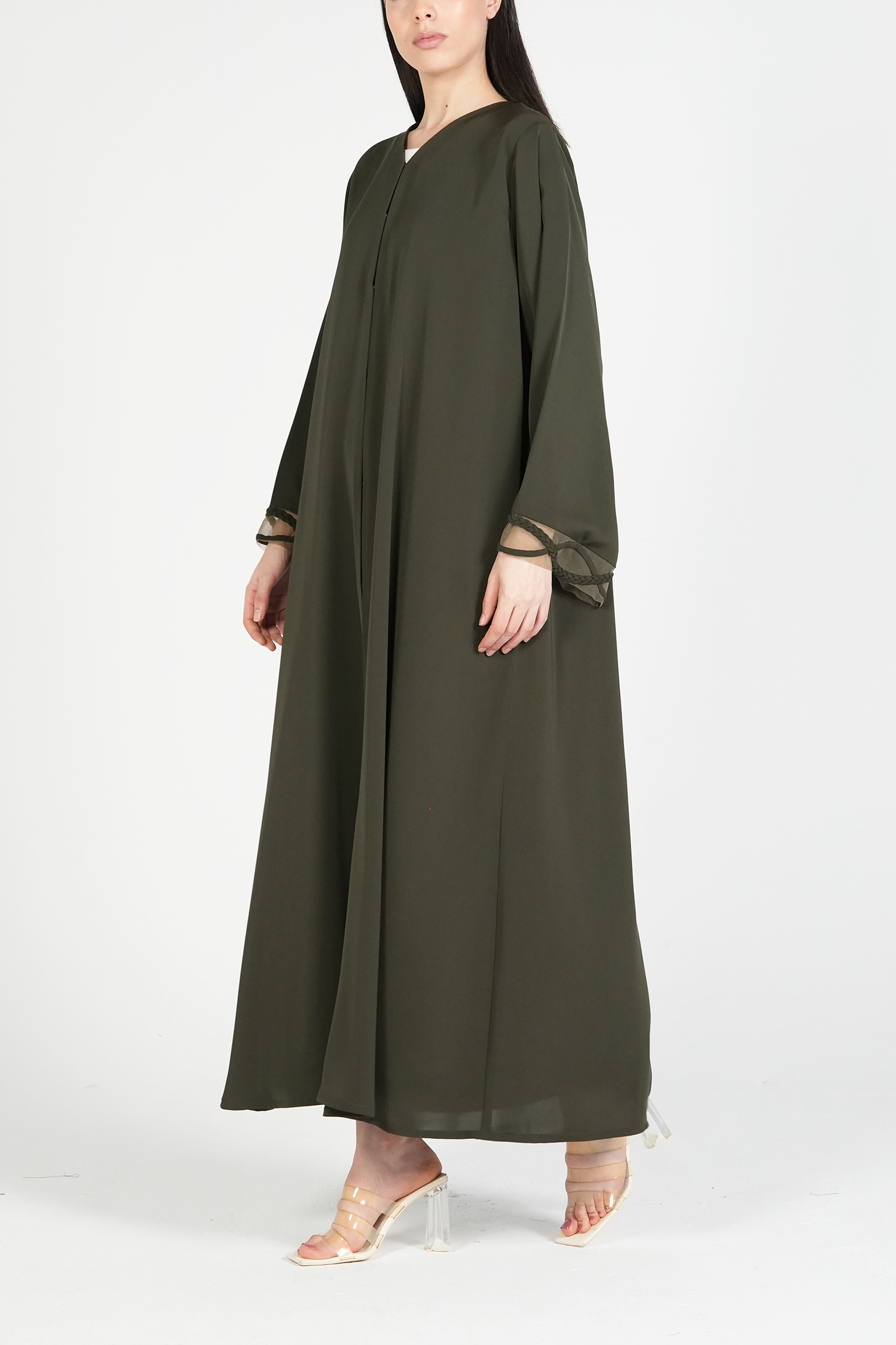 Green Mario Crepe Abaya with Dreadlock Design on Sleeves - Posh Abaya