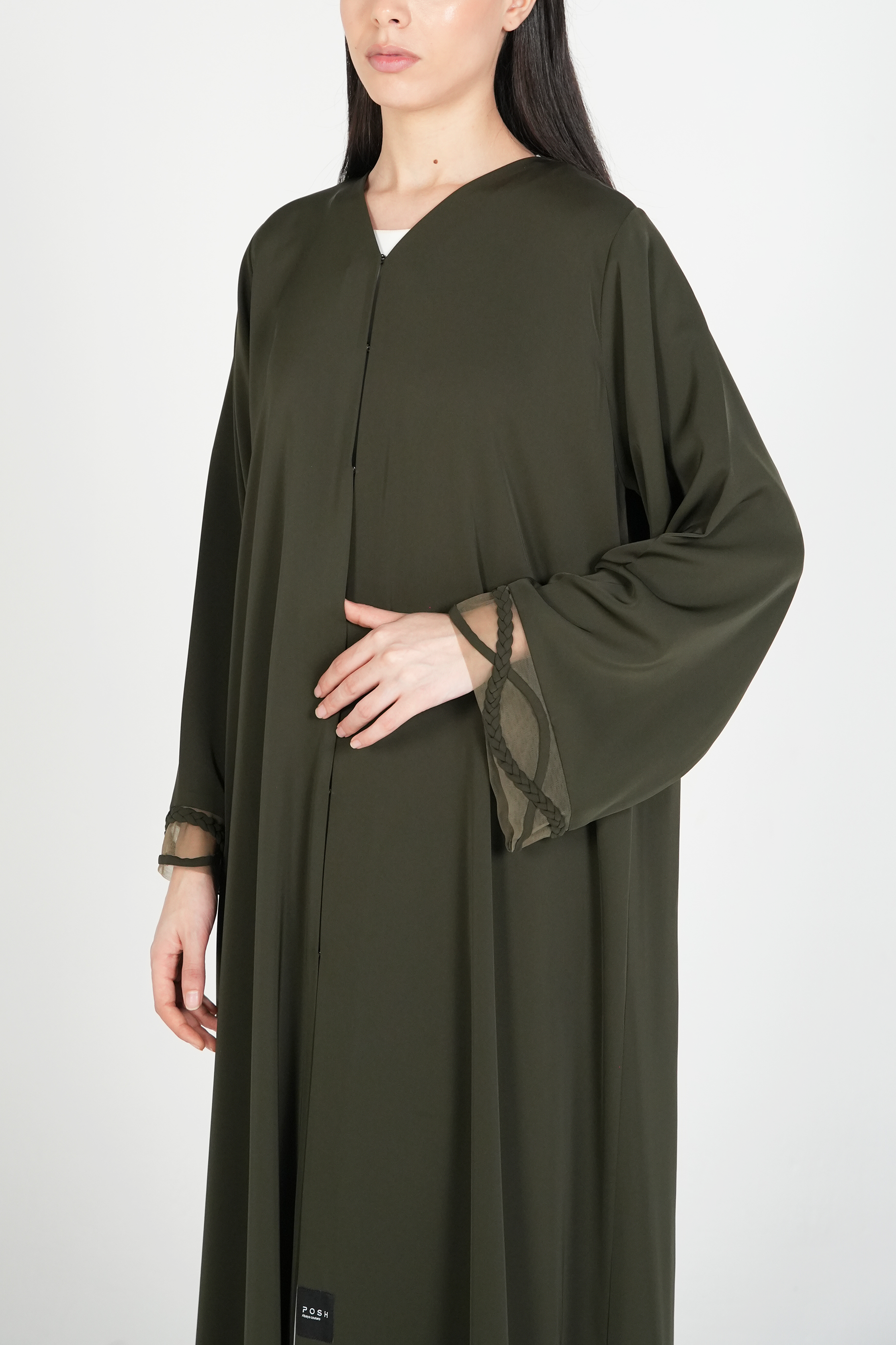 Green Mario Crepe Abaya with Dreadlock Design on Sleeves - Posh Abaya