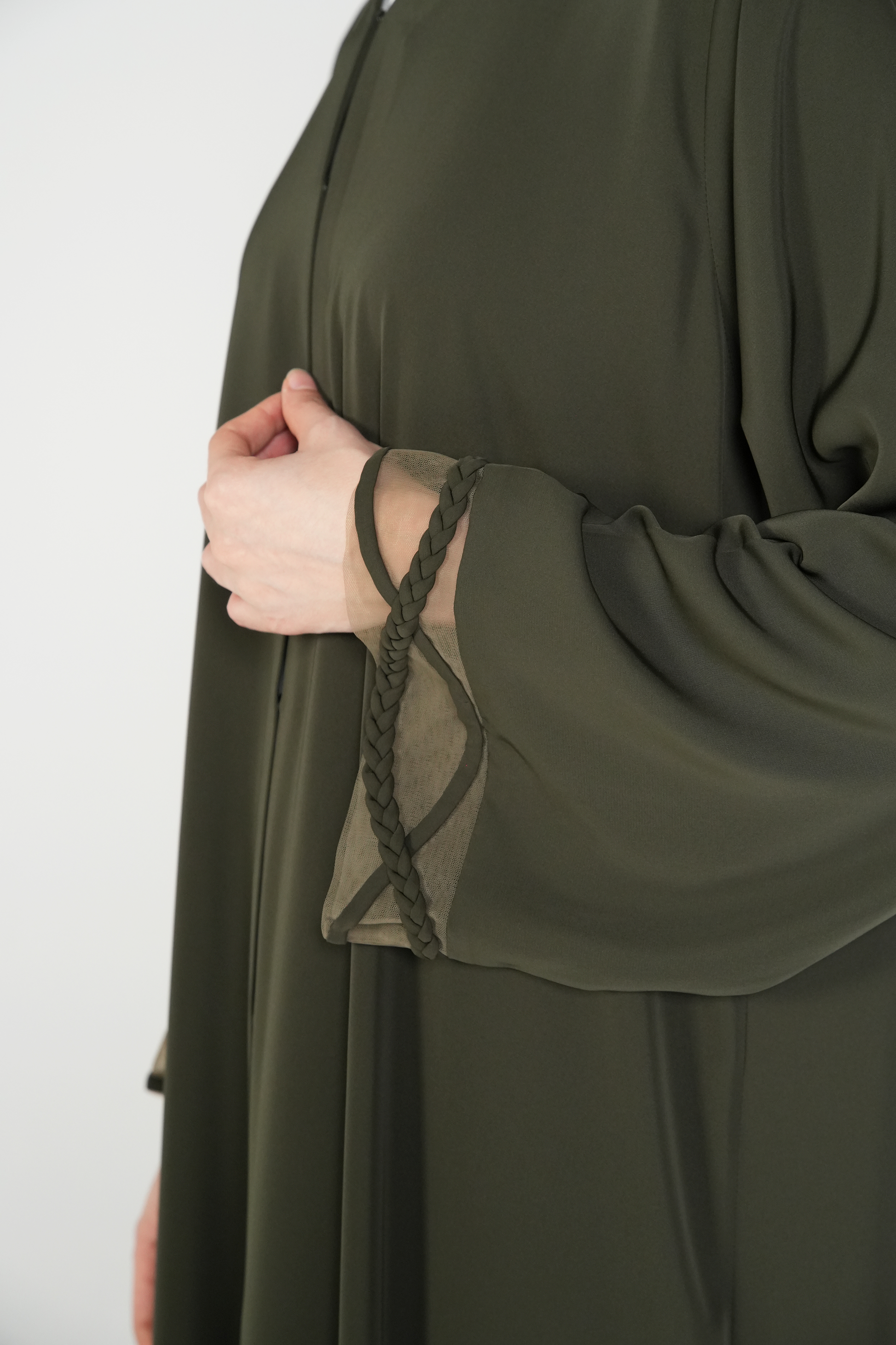 Green Mario Crepe Abaya with Dreadlock Design on Sleeves - Posh Abaya
