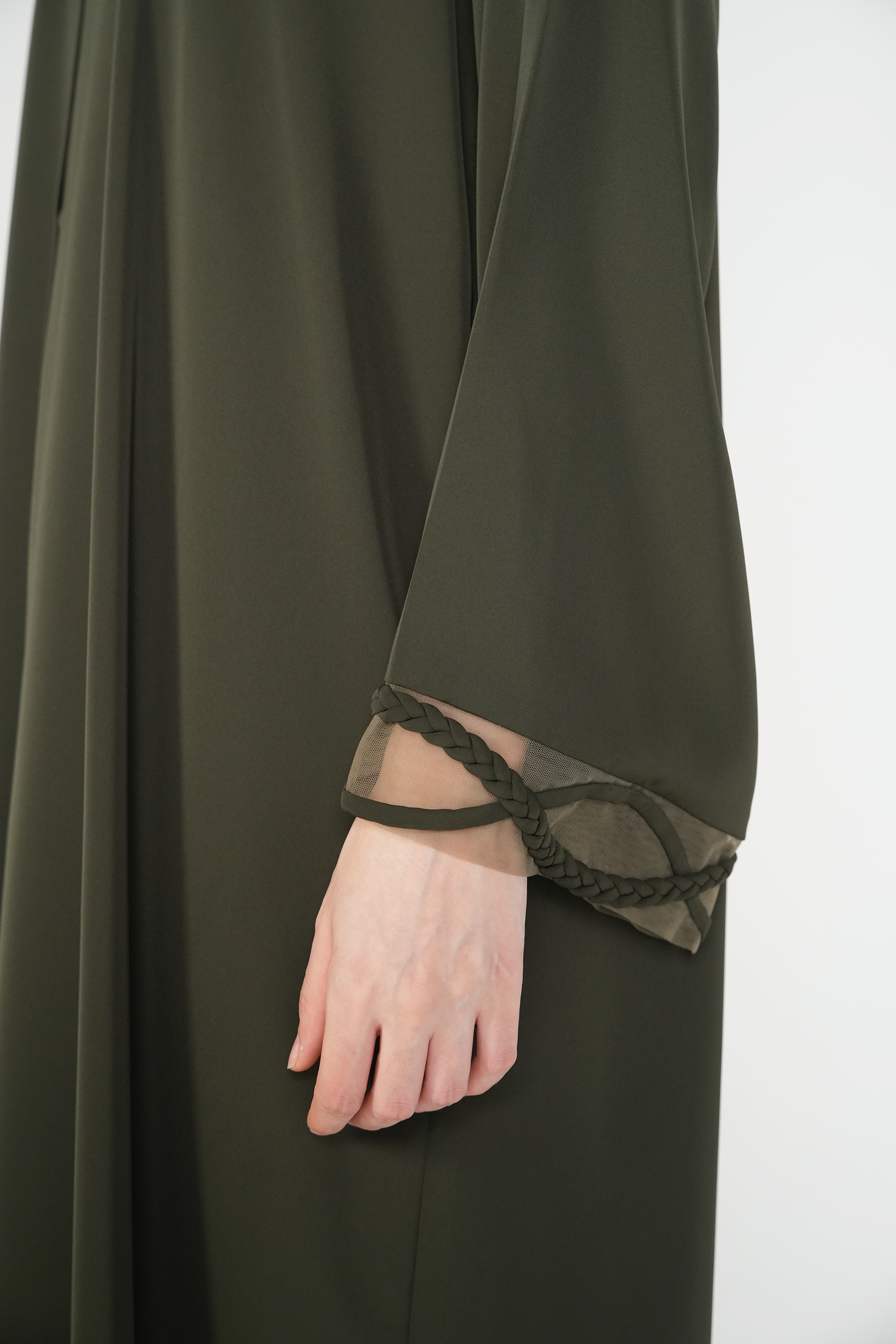 Green Mario Crepe Abaya with Dreadlock Design on Sleeves - Posh Abaya