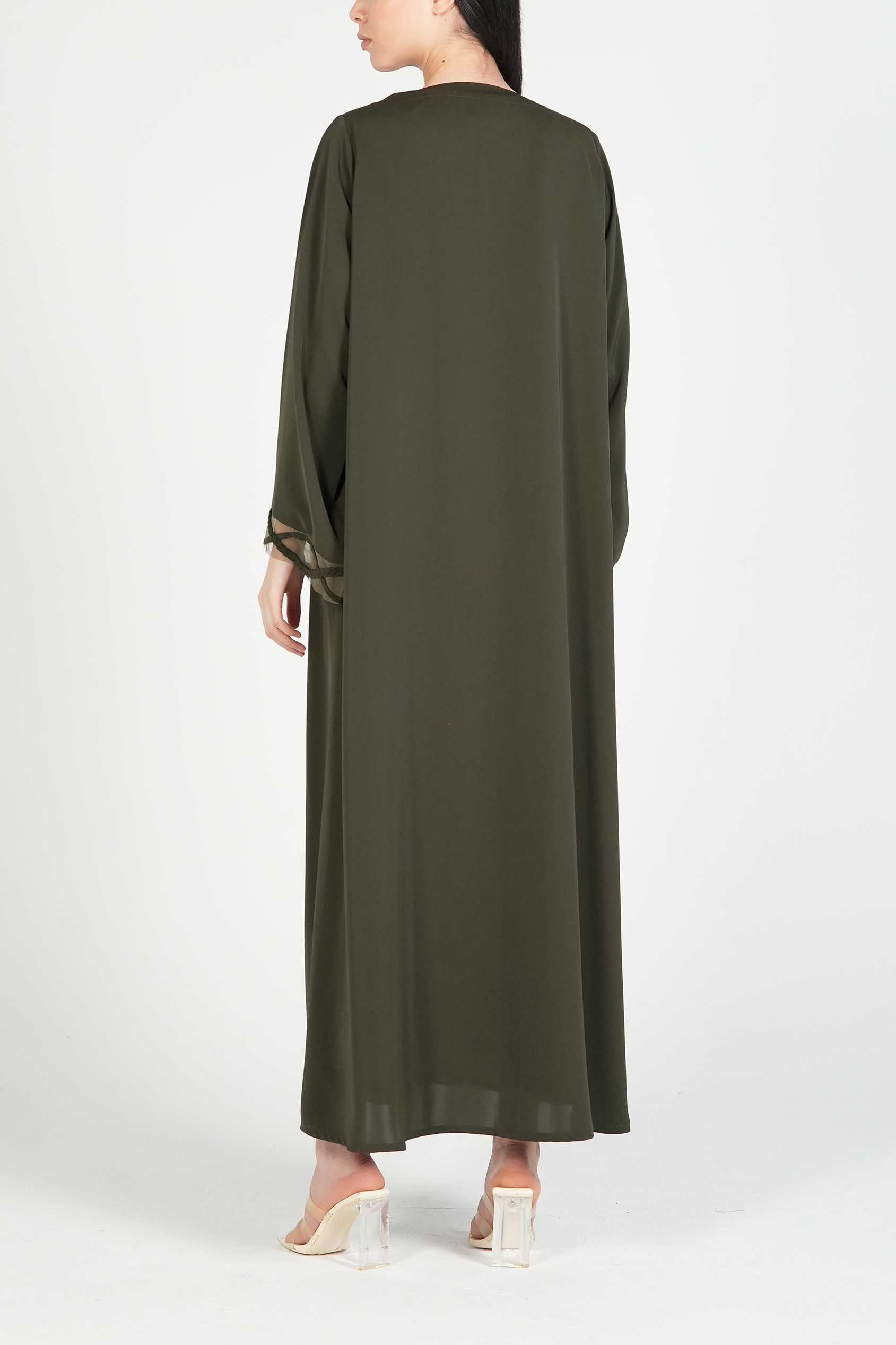 Green Mario Crepe Abaya with Dreadlock Design on Sleeves - Posh Abaya