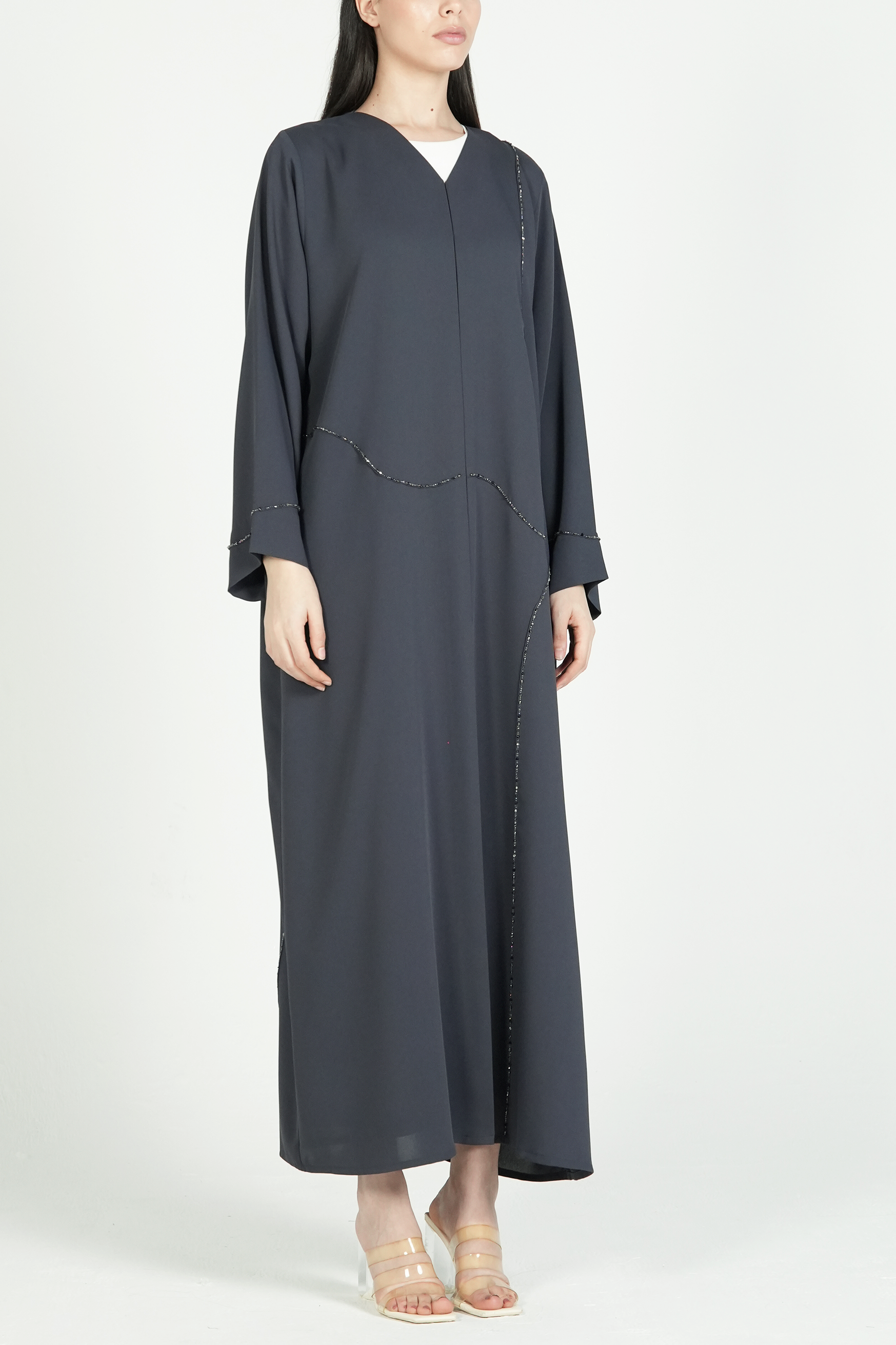 Grey Amara Crepe Abaya with Self-Color Beadwork on Front and Sleeve - Posh Abaya