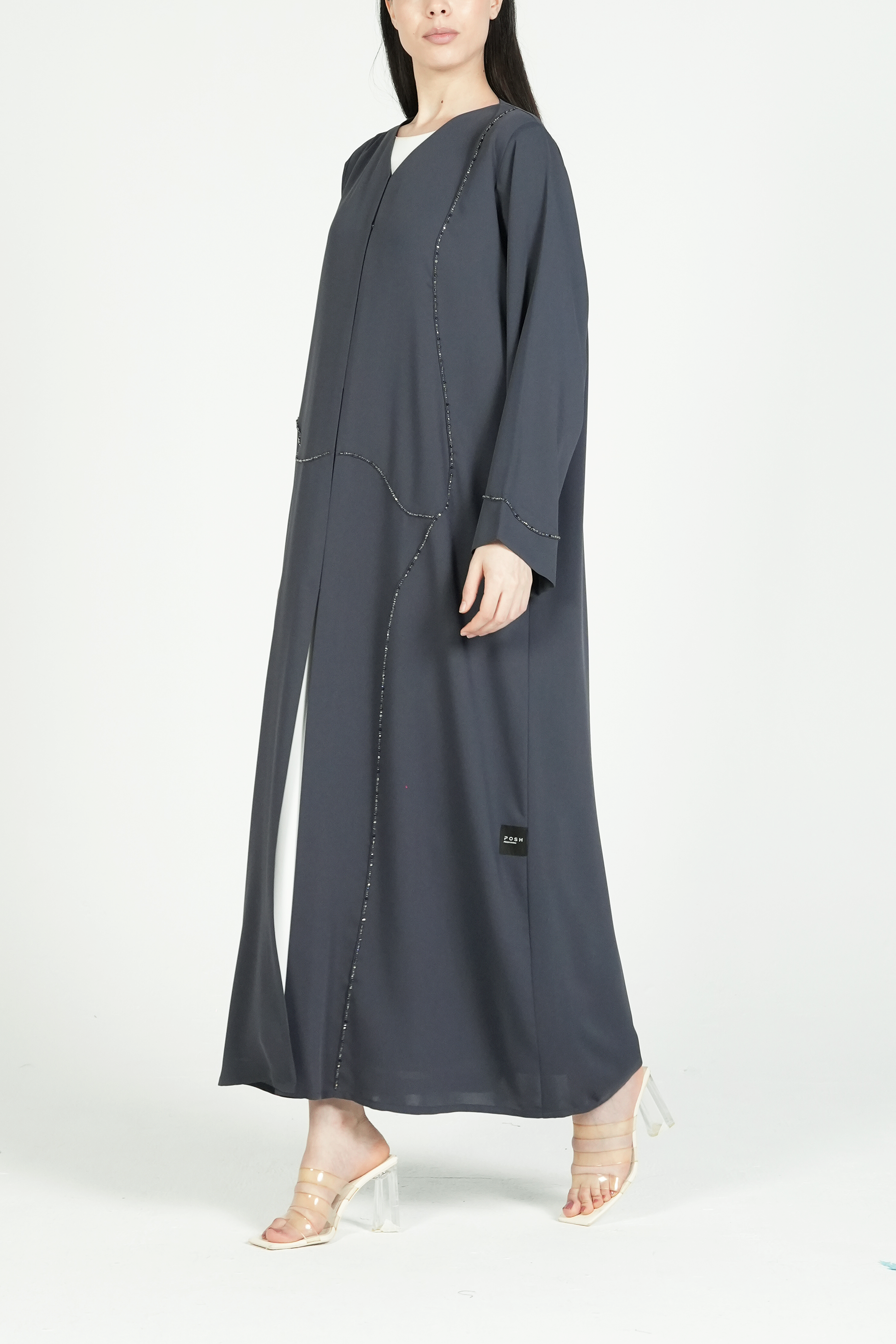 Grey Amara Crepe Abaya with Self-Color Beadwork on Front and Sleeve - Posh Abaya