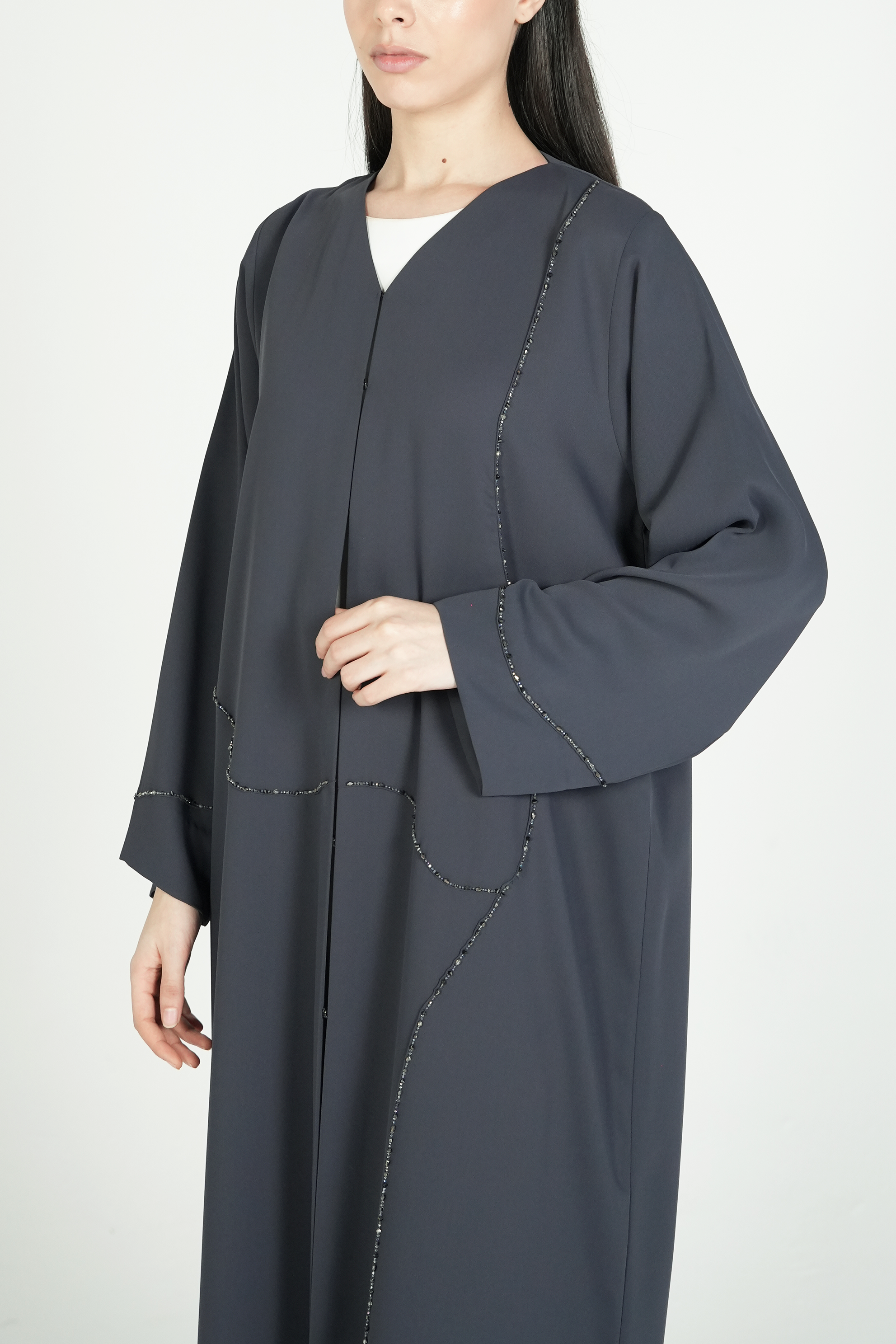 Grey Amara Crepe Abaya with Self-Color Beadwork on Front and Sleeve - Posh Abaya