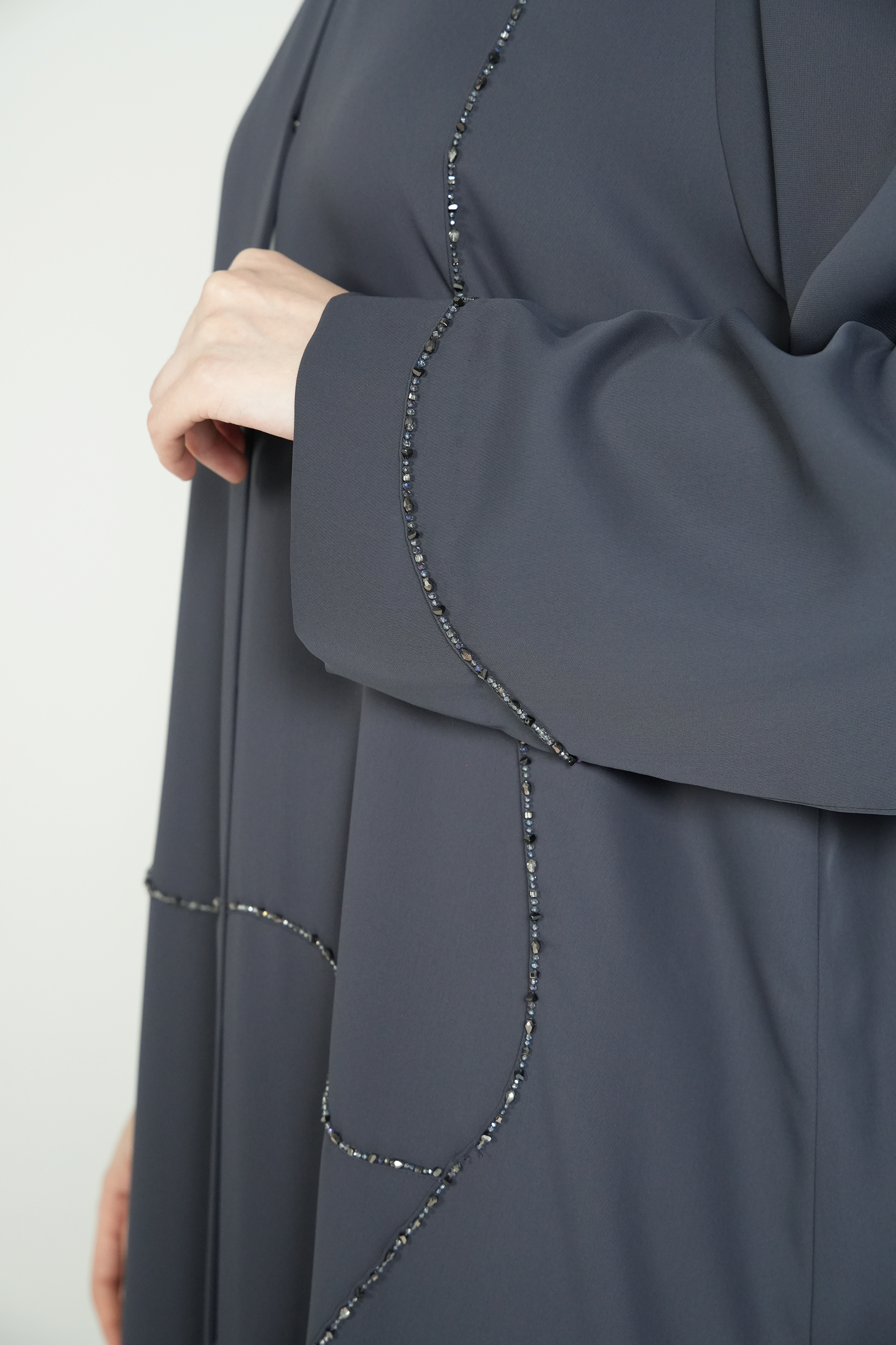 Grey Amara Crepe Abaya with Self-Color Beadwork on Front and Sleeve - Posh Abaya