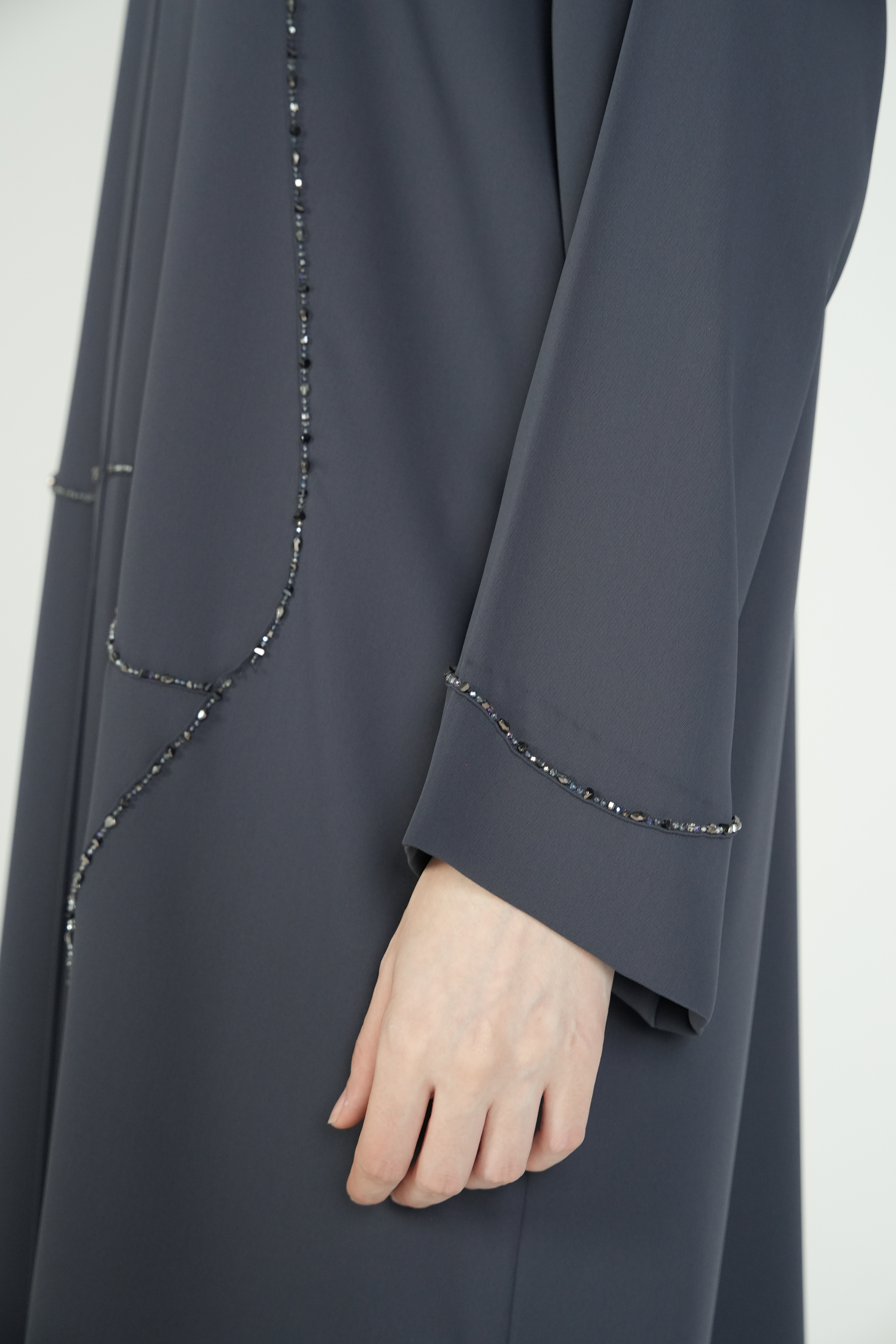 Grey Amara Crepe Abaya with Self-Color Beadwork on Front and Sleeve - Posh Abaya