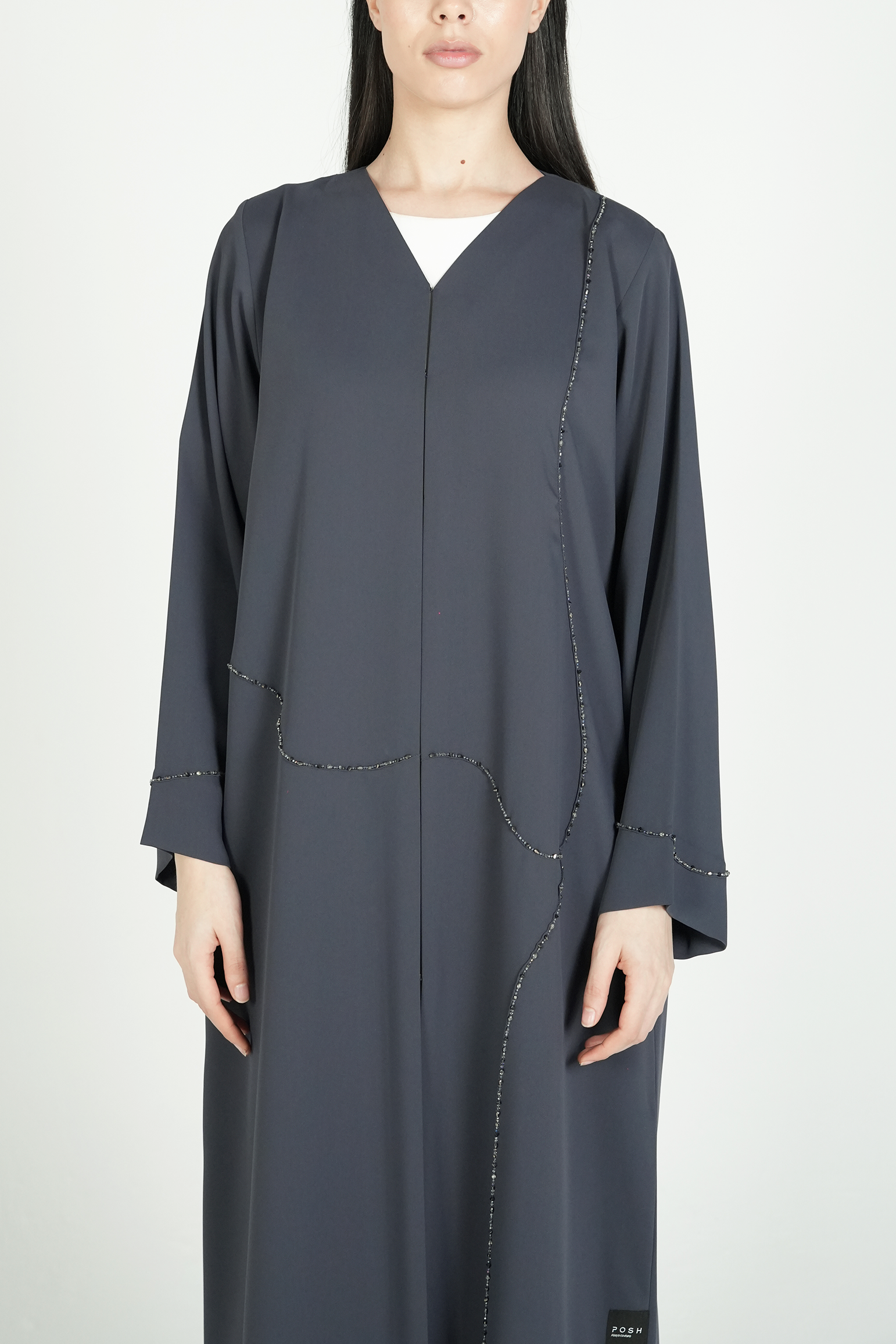 Grey Amara Crepe Abaya with Self-Color Beadwork on Front and Sleeve - Posh Abaya