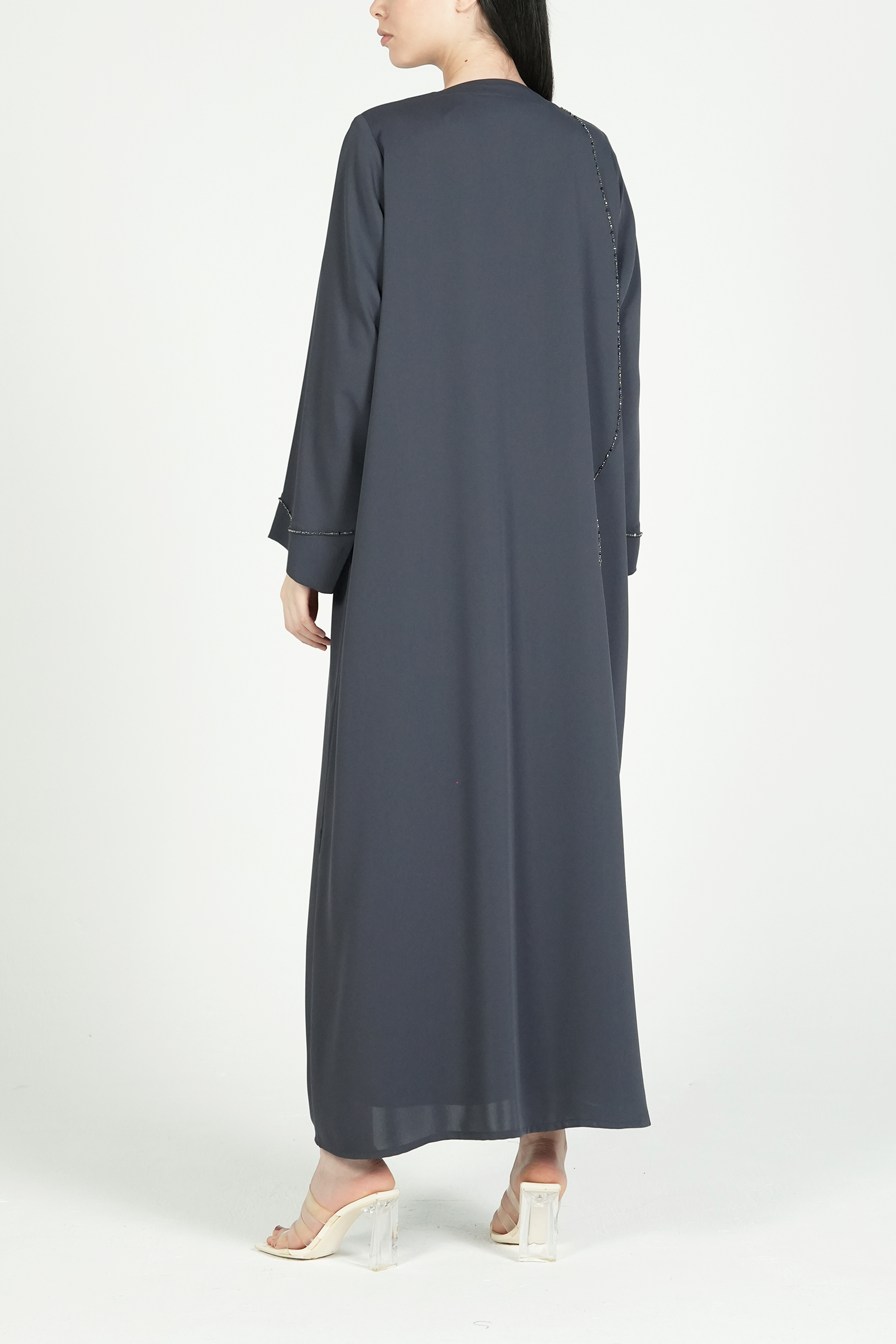 Grey Amara Crepe Abaya with Self-Color Beadwork on Front and Sleeve - Posh Abaya
