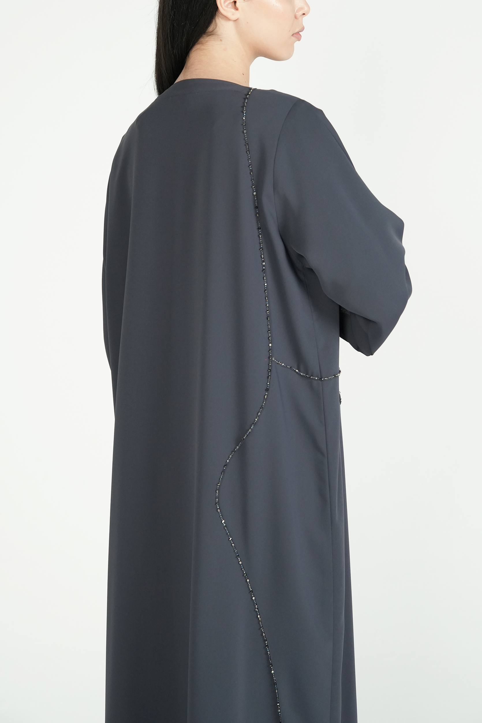 Grey Amara Crepe Abaya with Self-Color Beadwork on Front and Sleeve - Posh Abaya