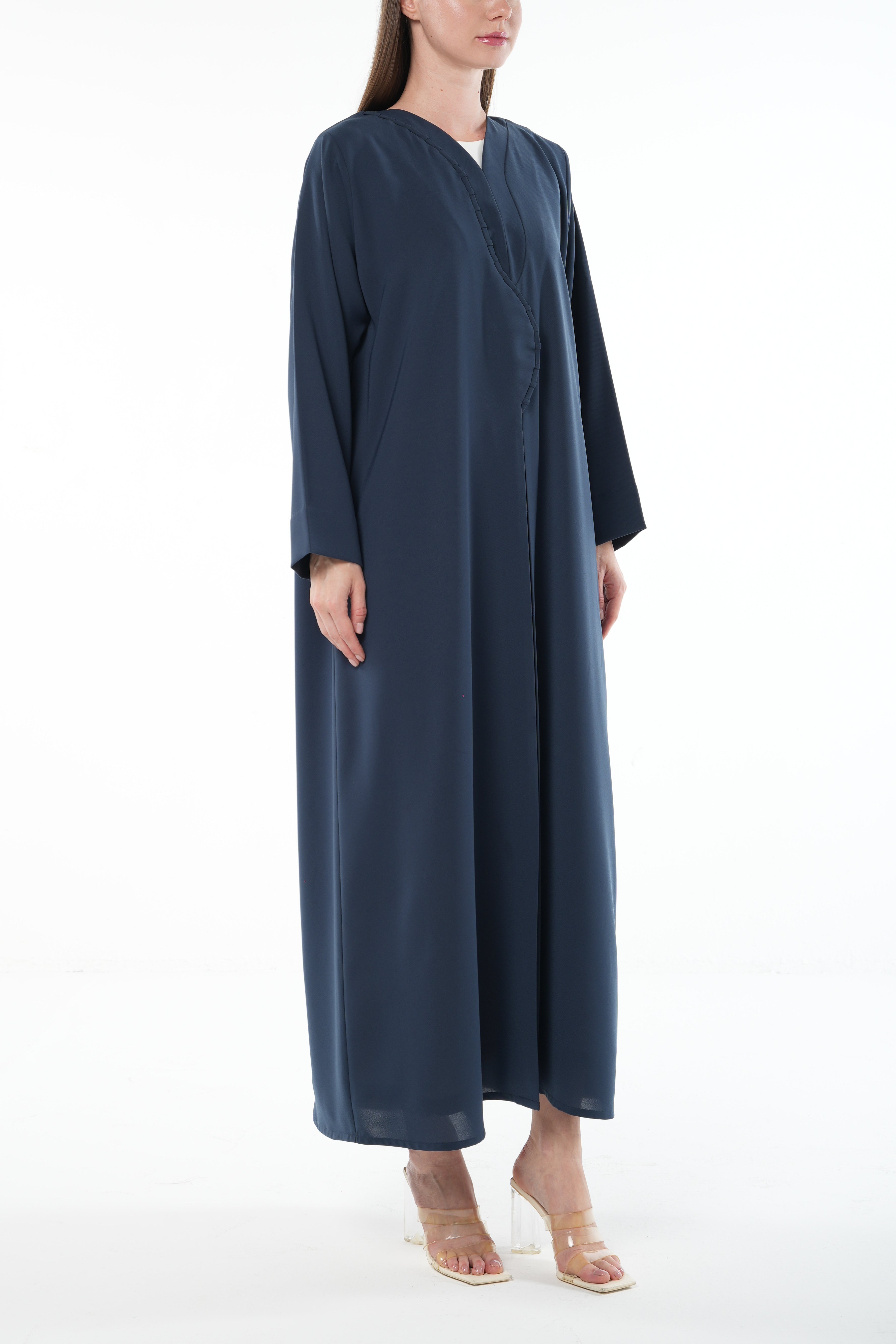 Blue Nova Crepe Abaya with Curved Overlap and Pleat Detail - Posh Abaya