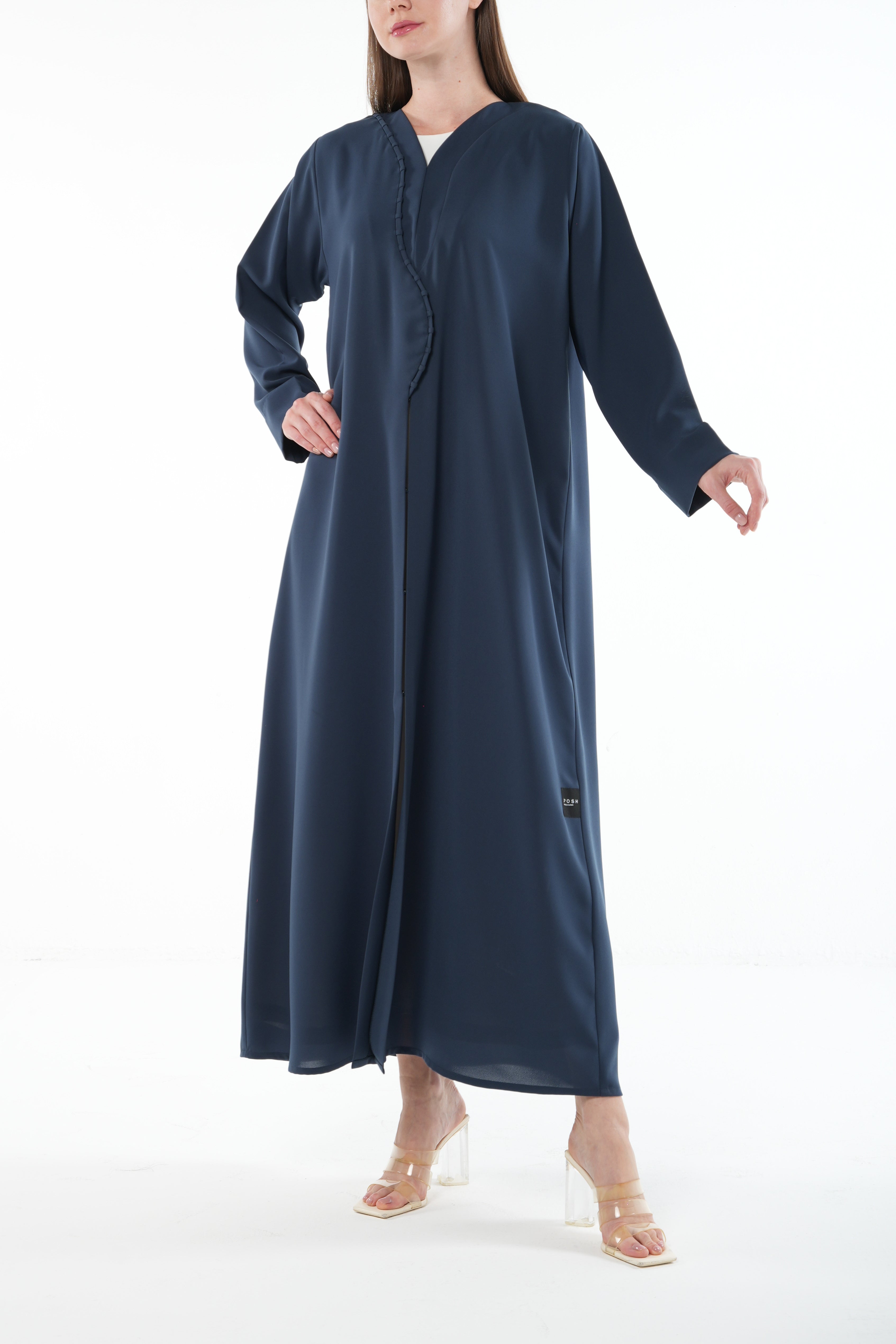 Blue Nova Crepe Abaya with Curved Overlap and Pleat Detail - Posh Abaya