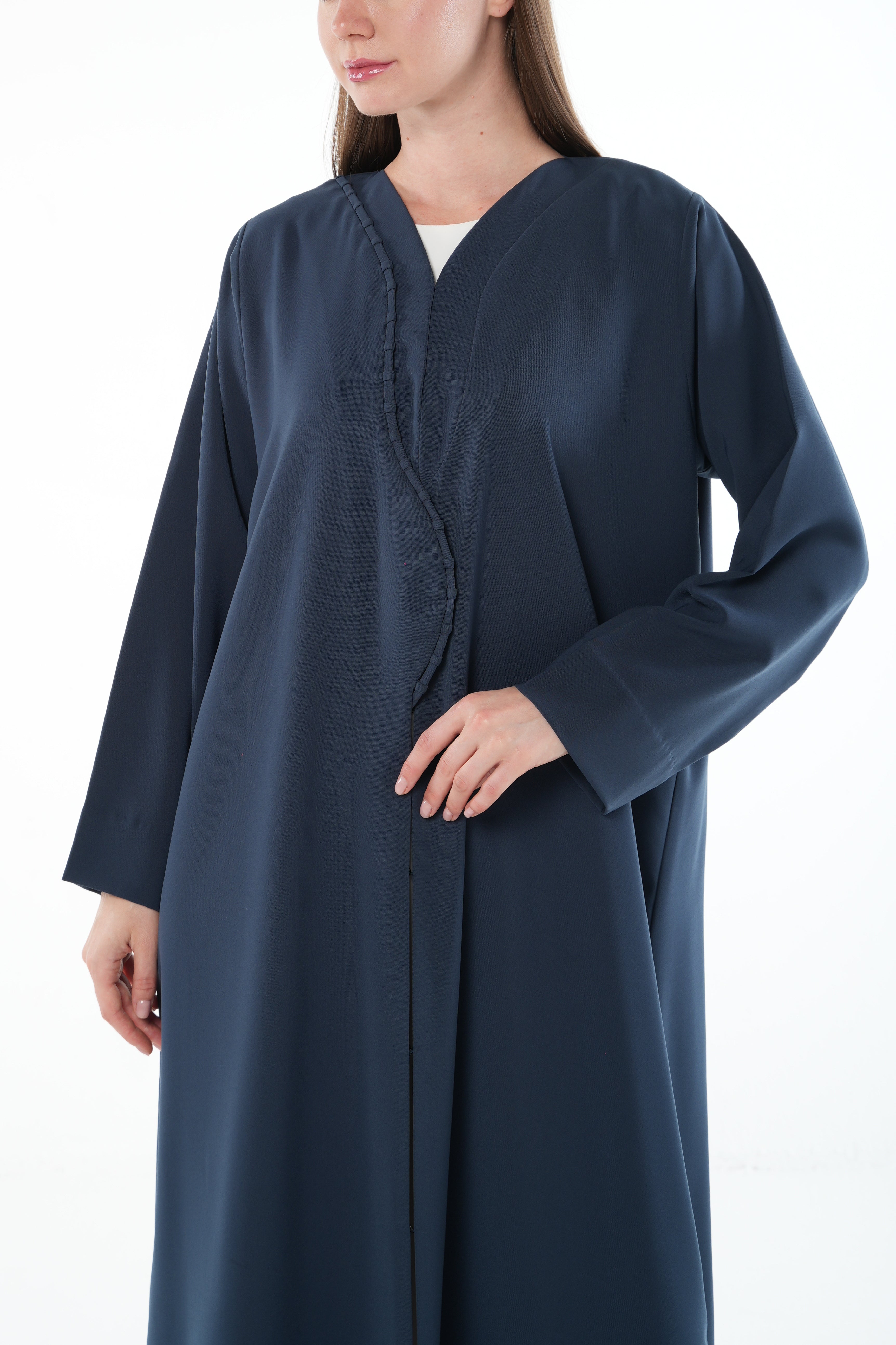 Blue Nova Crepe Abaya with Curved Overlap and Pleat Detail - Posh Abaya