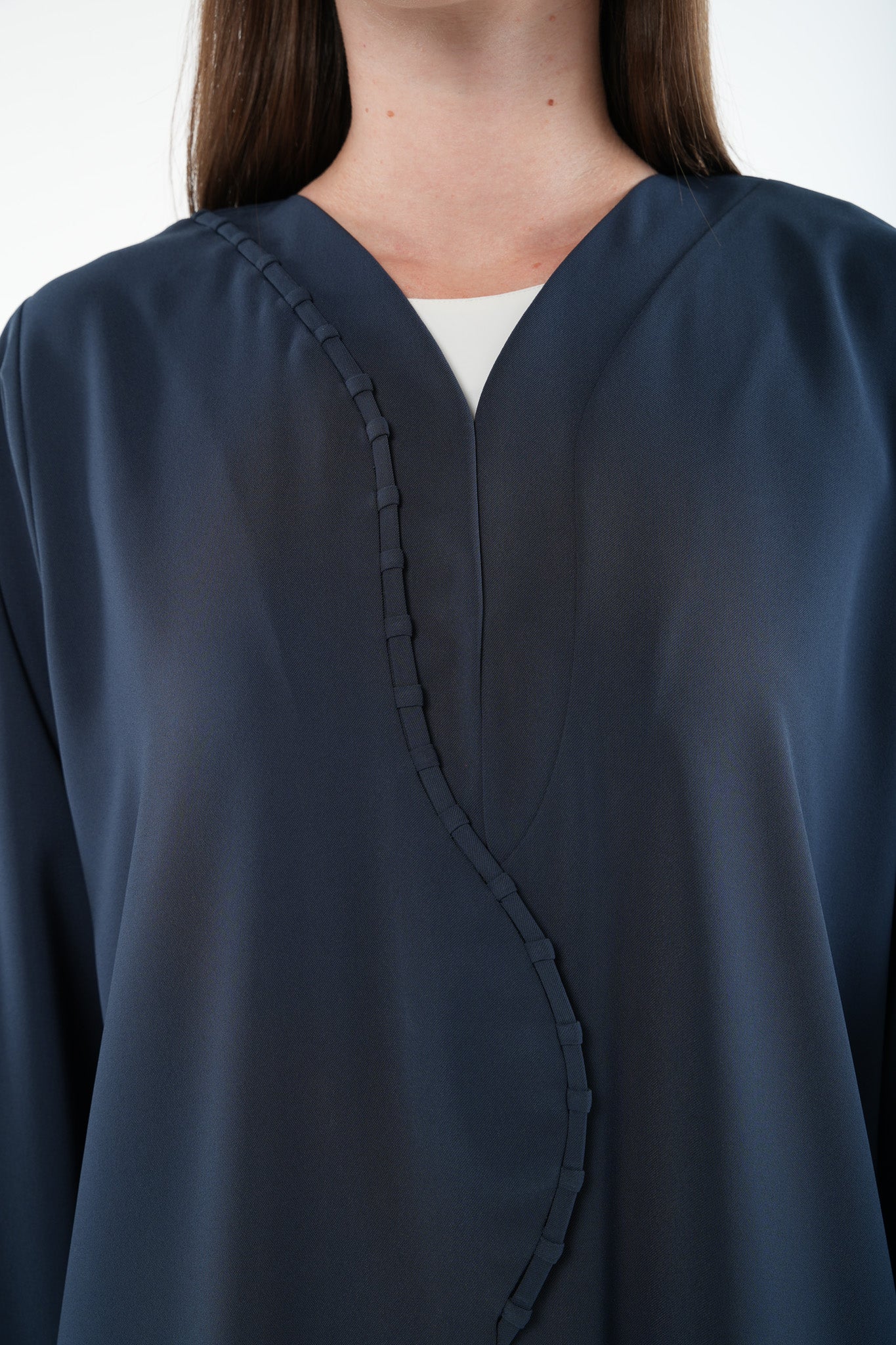 Blue Nova Crepe Abaya with Curved Overlap and Pleat Detail - Posh Abaya