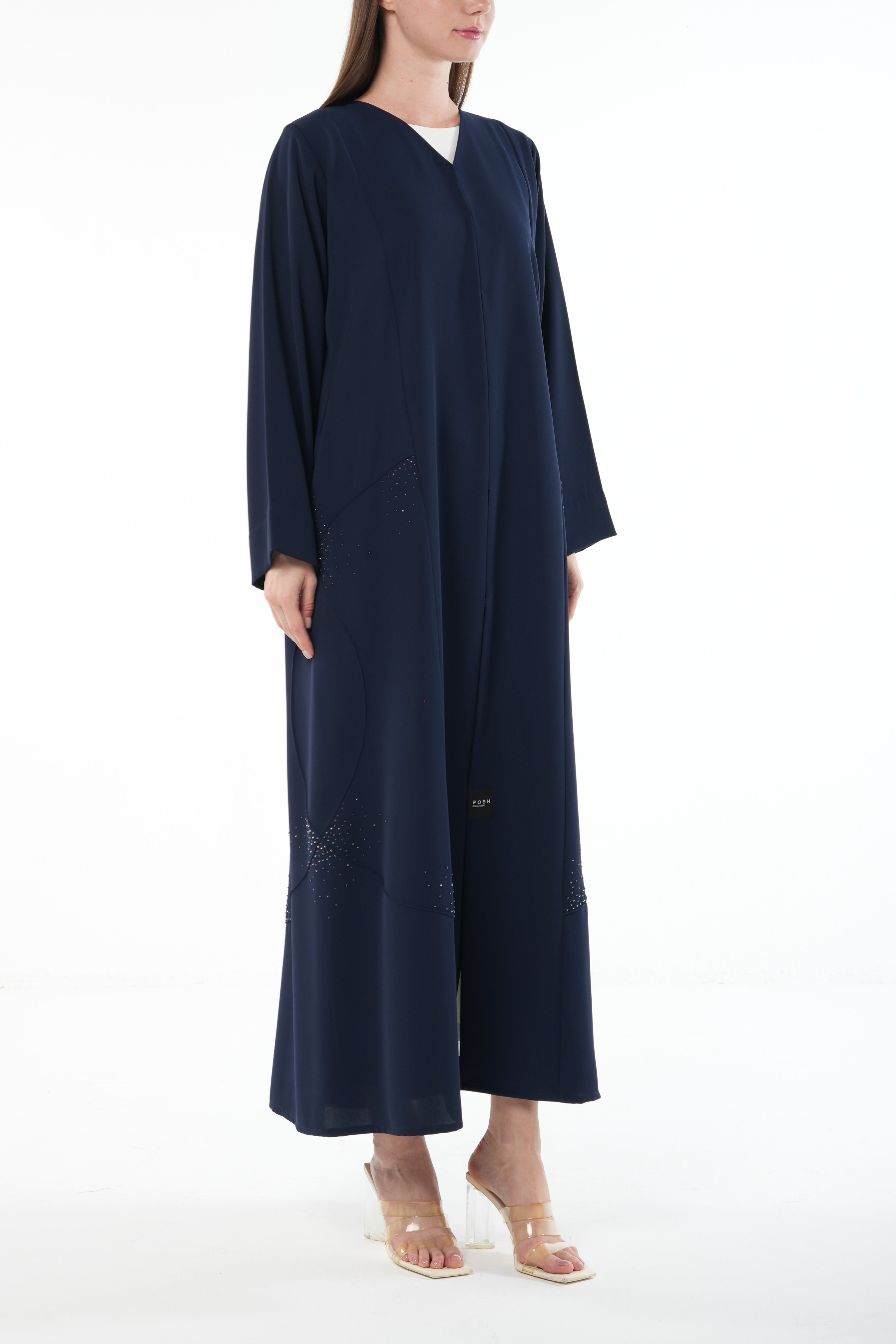 Blue Lavender Crepe Abaya with Side Bead Line and Hand Embellishment - Posh Abaya