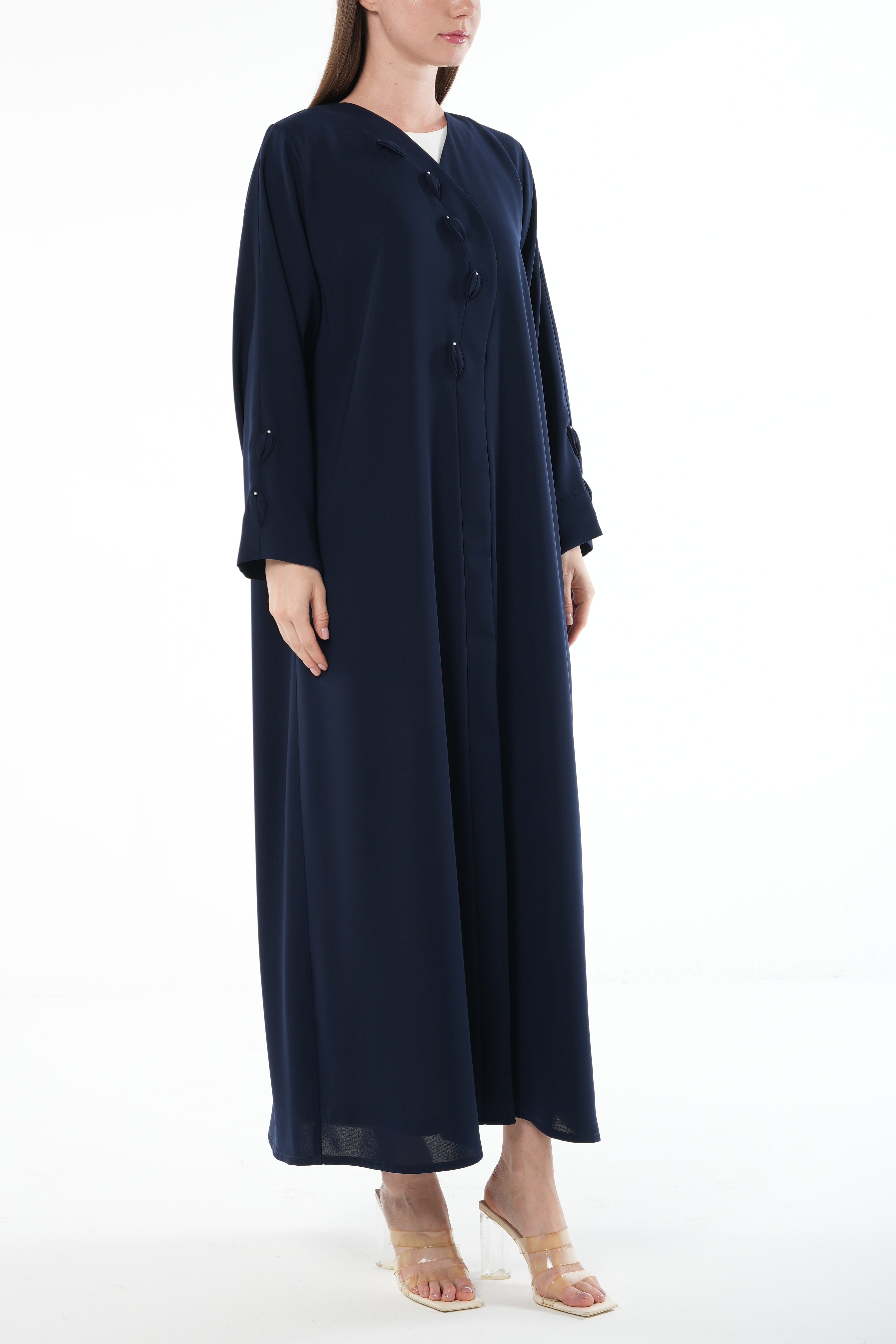 Blue Wave Crepe Abaya with Overlap and Leaf Embellishment - Posh Abaya