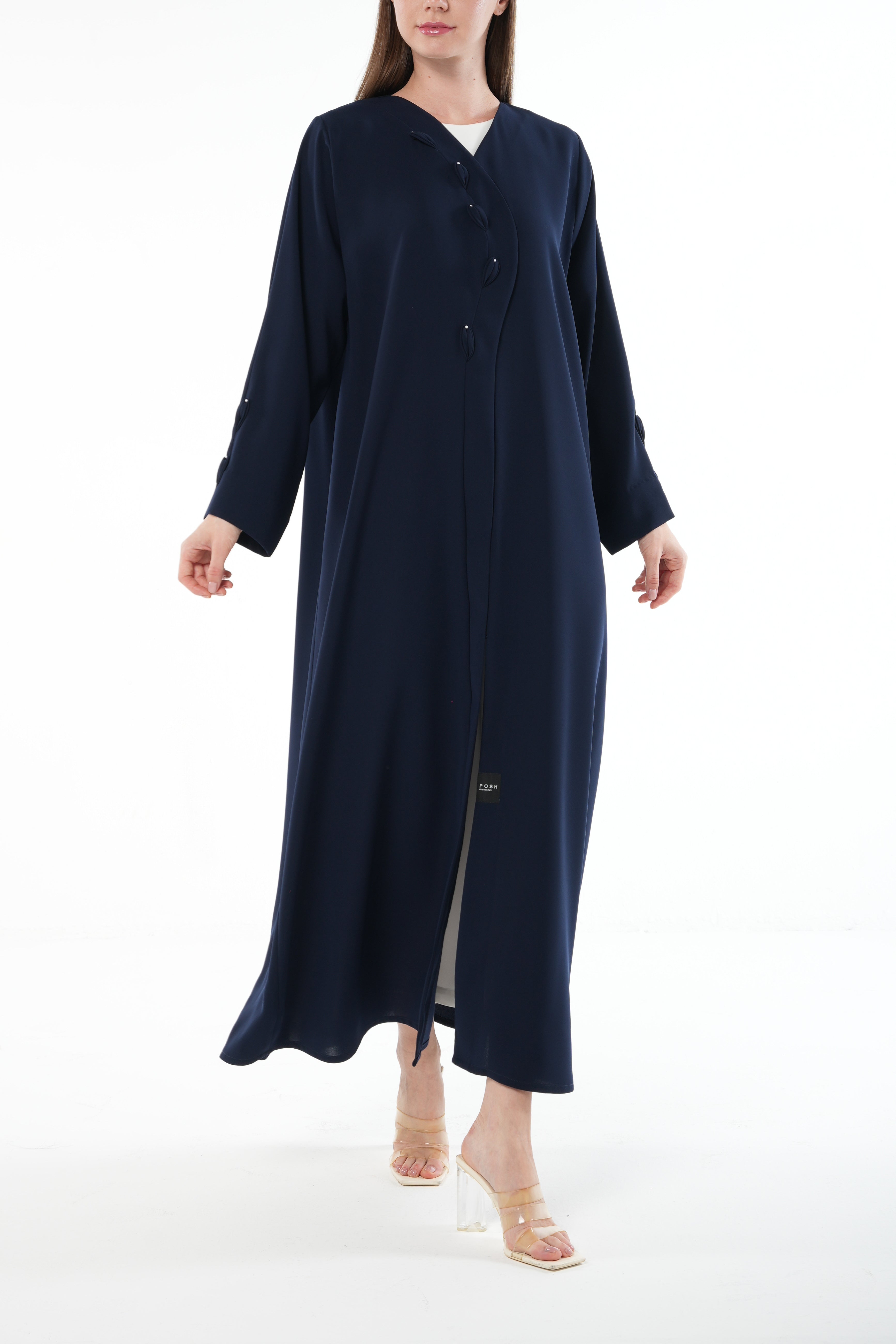 Blue Wave Crepe Abaya with Overlap and Leaf Embellishment - Posh Abaya