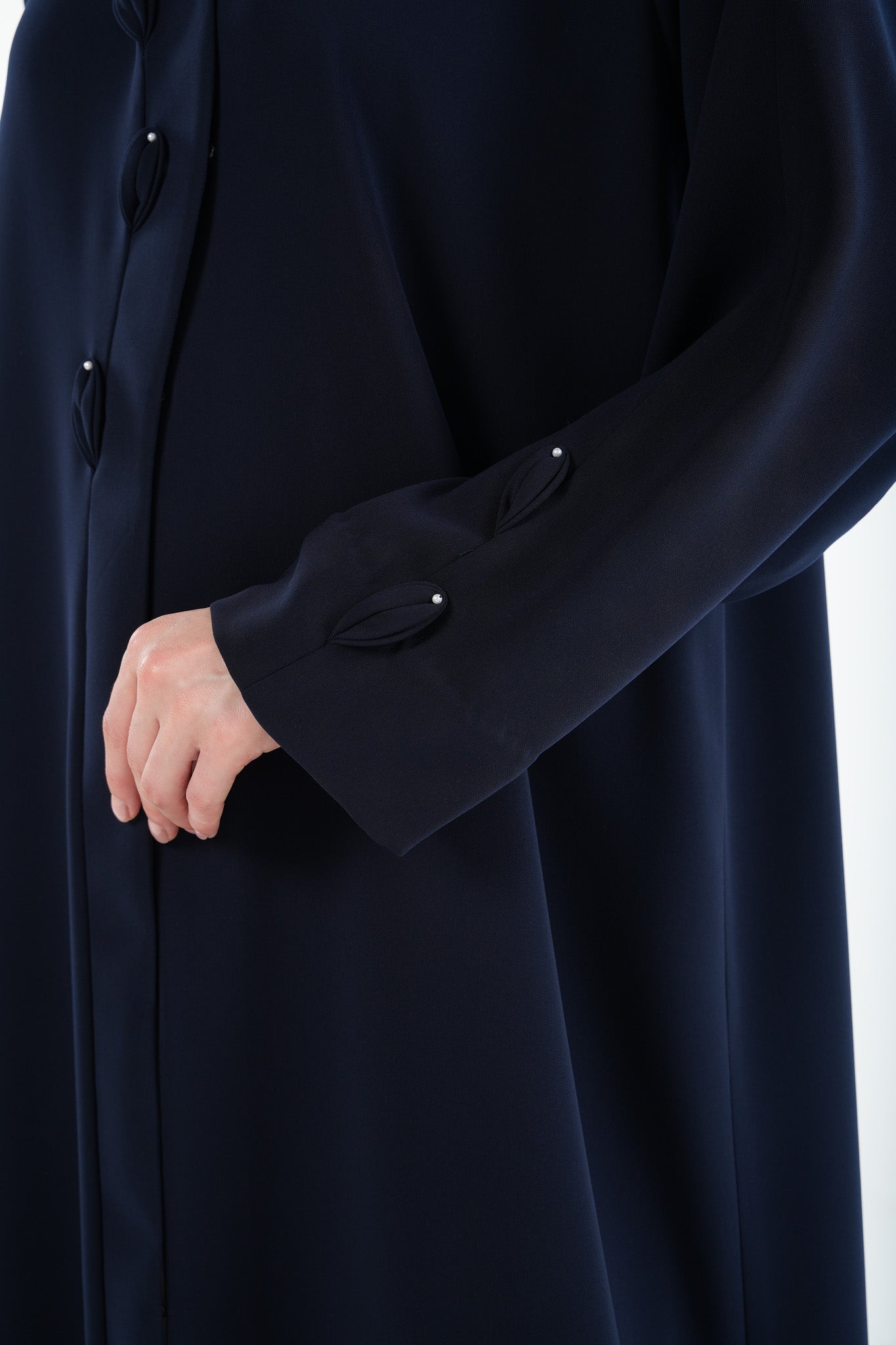 Blue Wave Crepe Abaya with Overlap and Leaf Embellishment - Posh Abaya