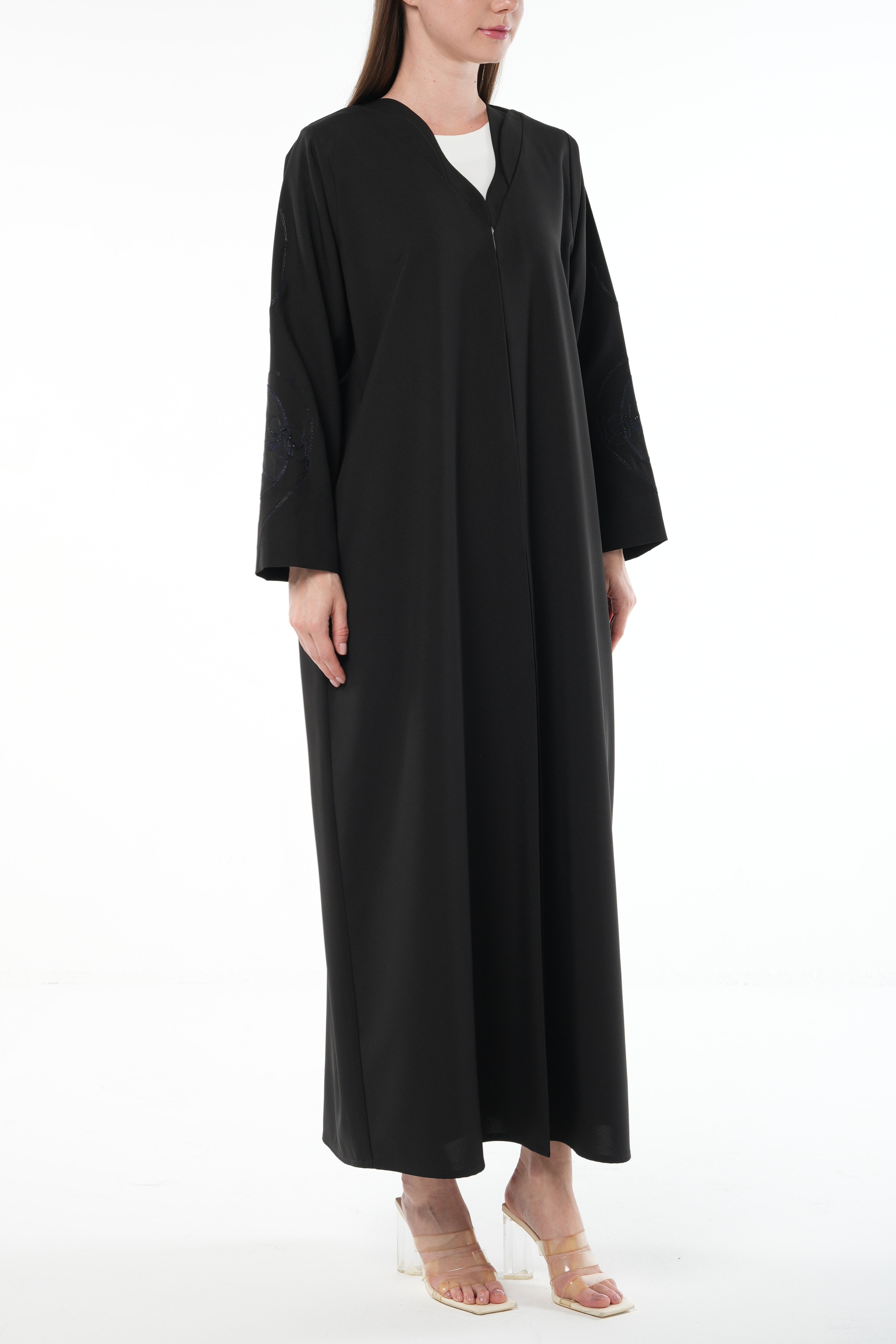Black Kadi Abaya with Sleeve Embroidery and Organza Insert - Posh Abaya