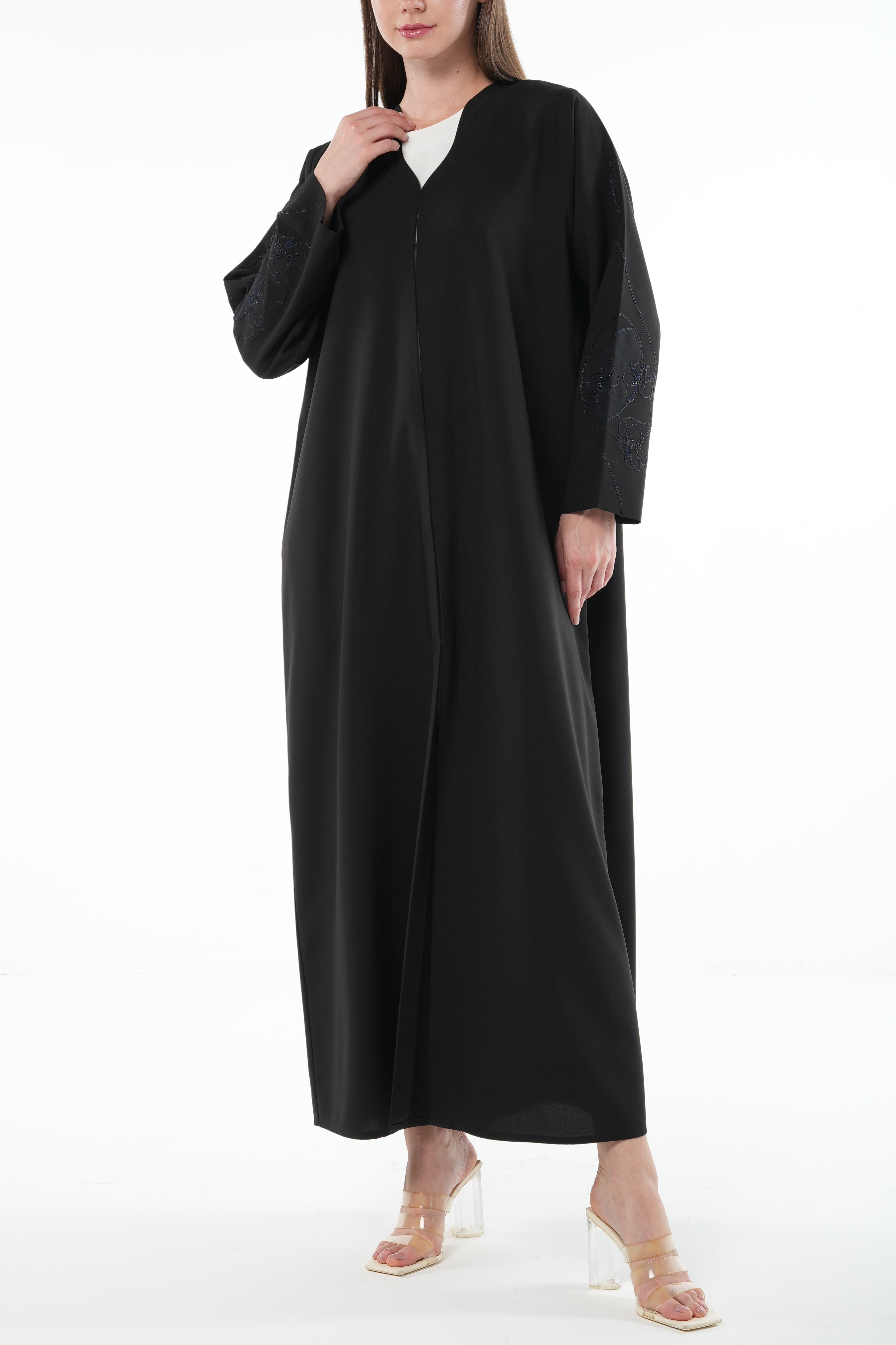 Black Kadi Abaya with Sleeve Embroidery and Organza Insert - Posh Abaya