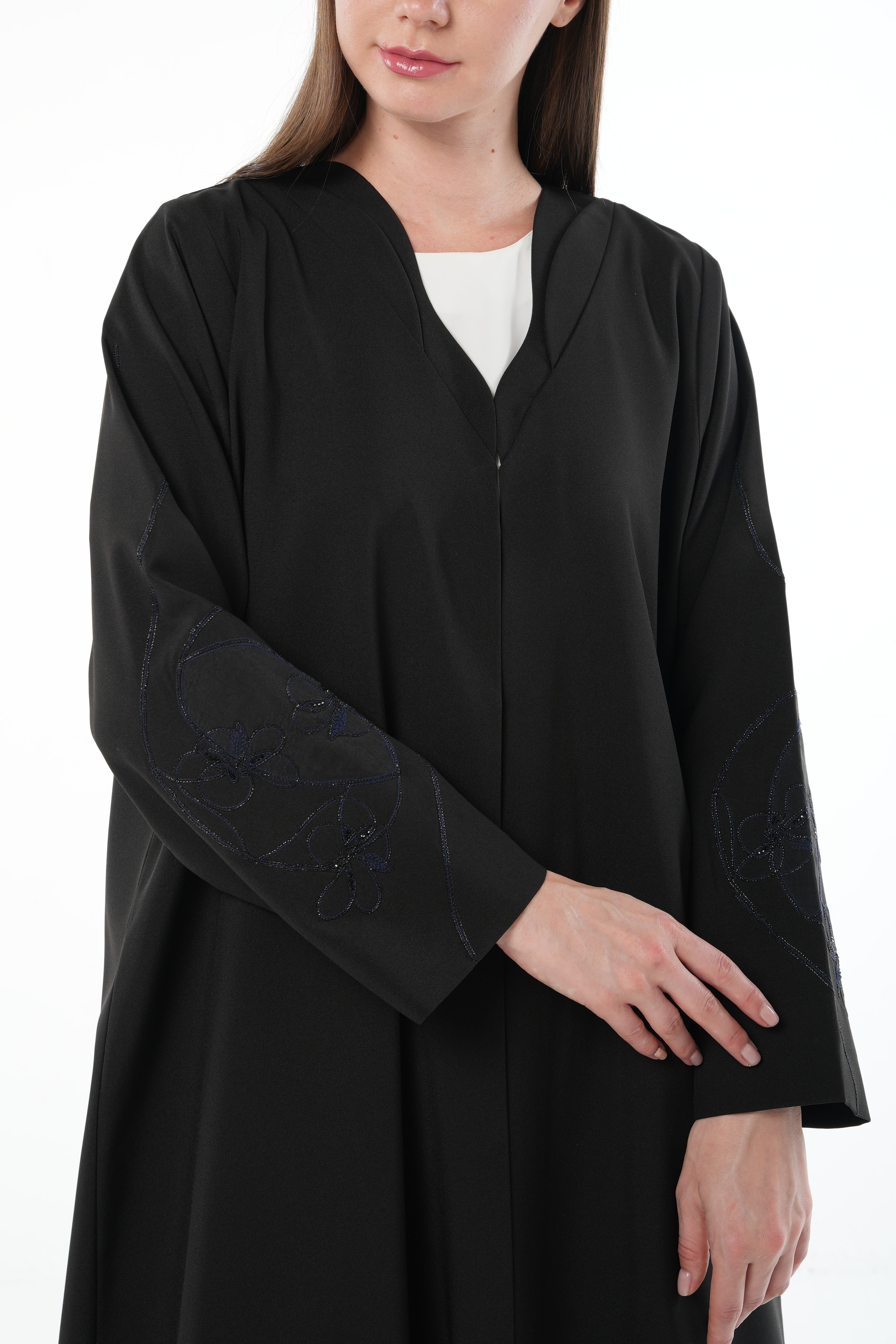 Black Kadi Abaya with Sleeve Embroidery and Organza Insert - Posh Abaya