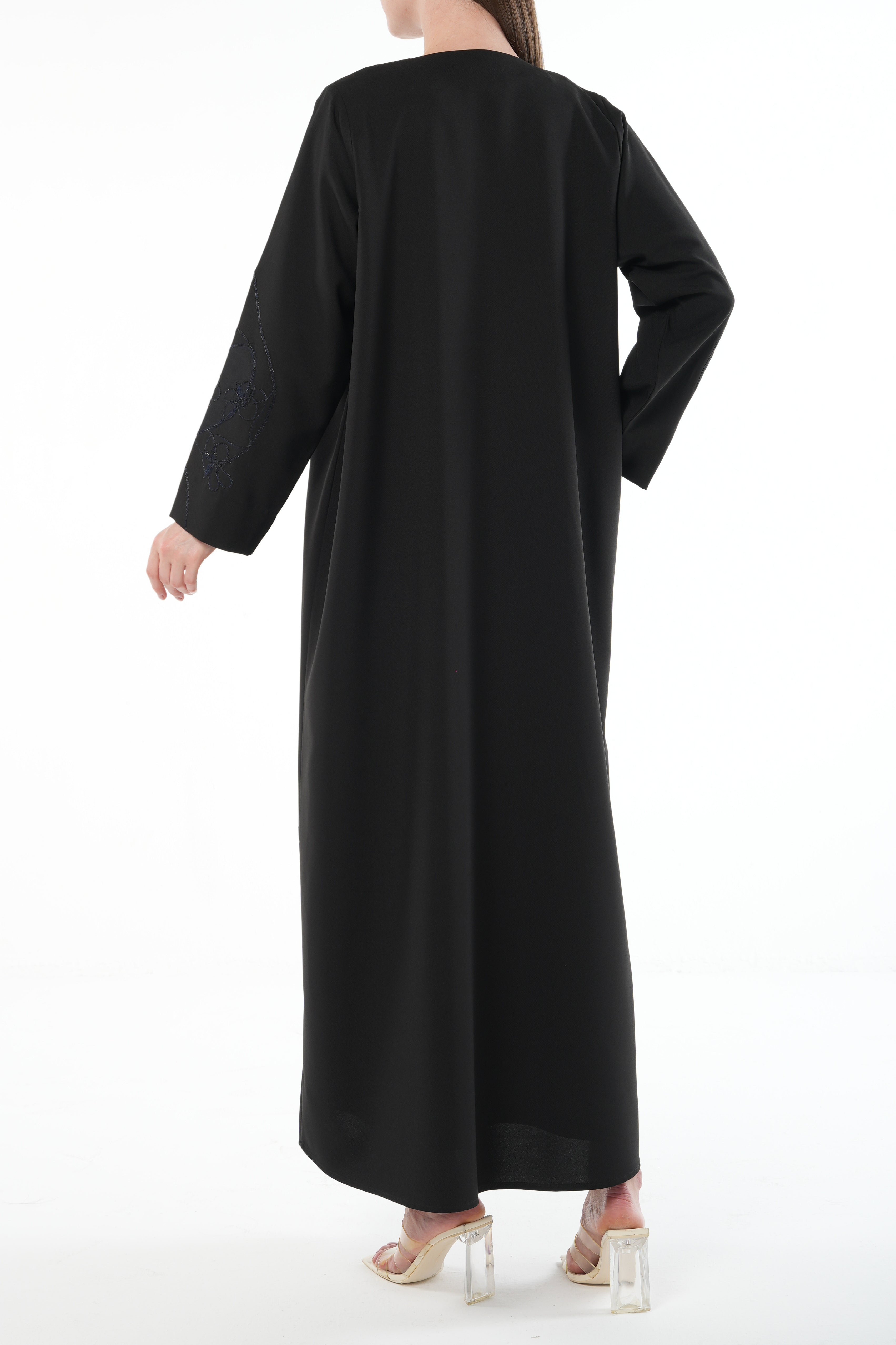 Black Kadi Abaya with Sleeve Embroidery and Organza Insert - Posh Abaya