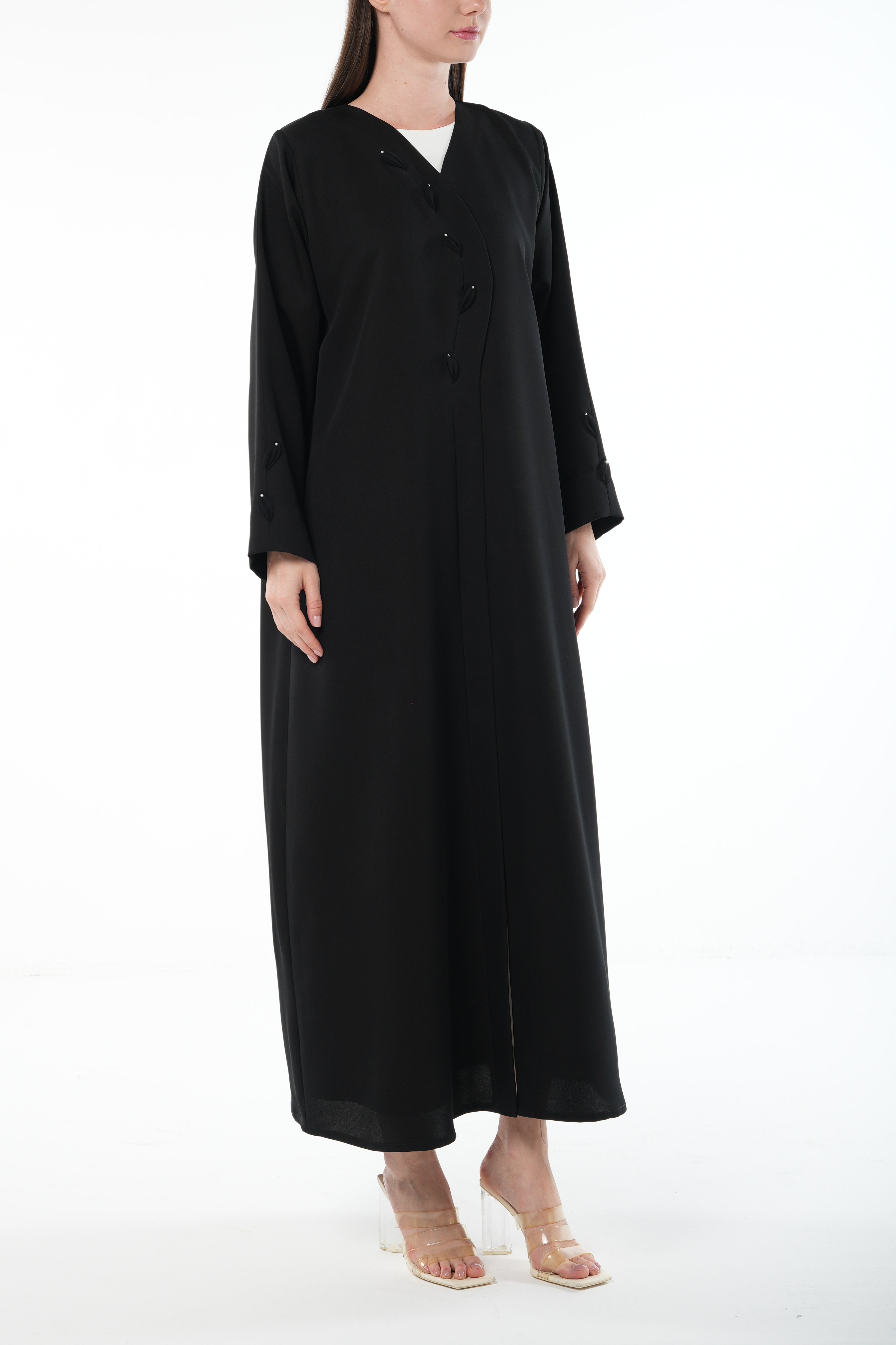 Black Emarati Crepe Abaya with Overlap and Leaf Embellishment - Posh Abaya