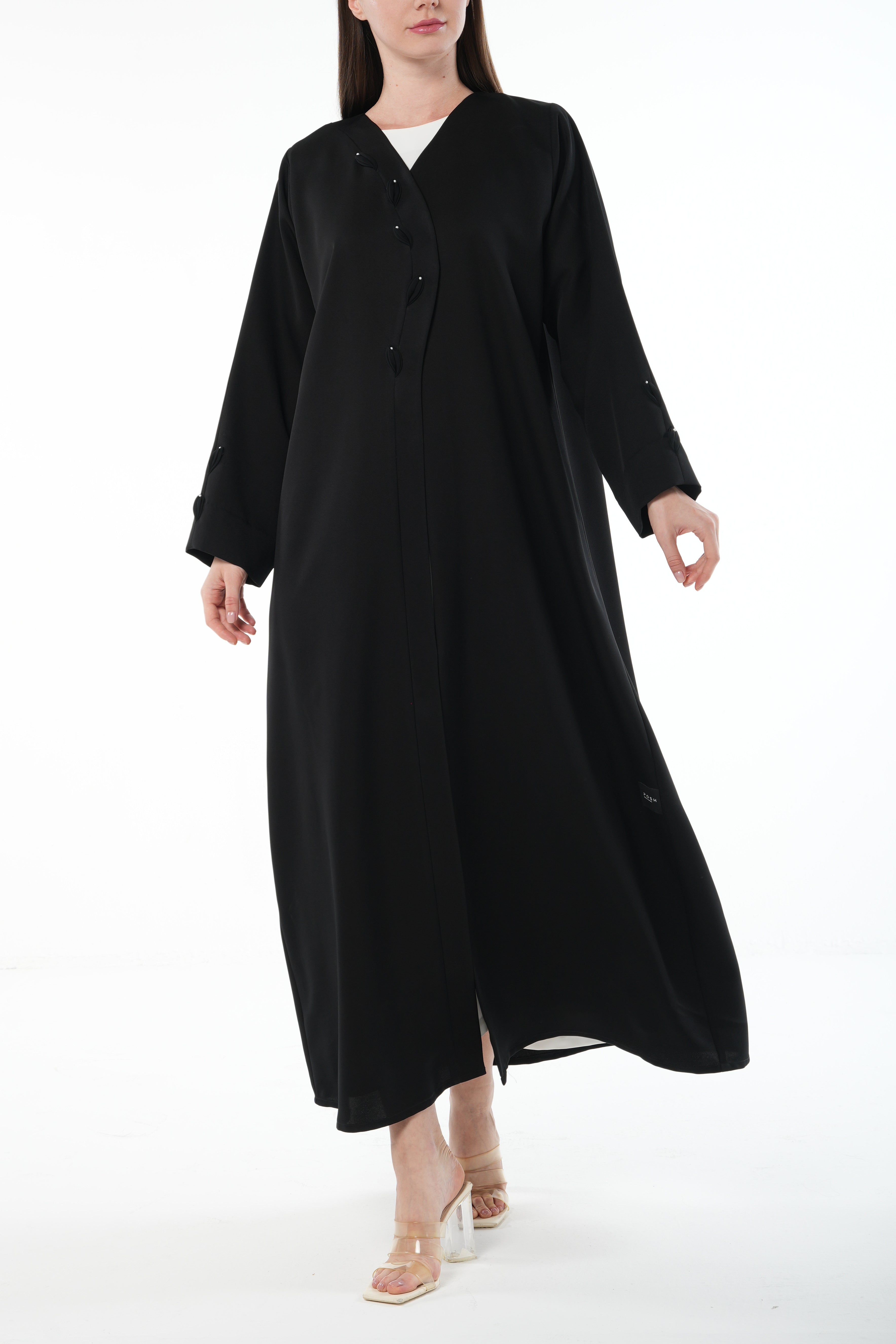 Black Emarati Crepe Abaya with Overlap and Leaf Embellishment - Posh Abaya