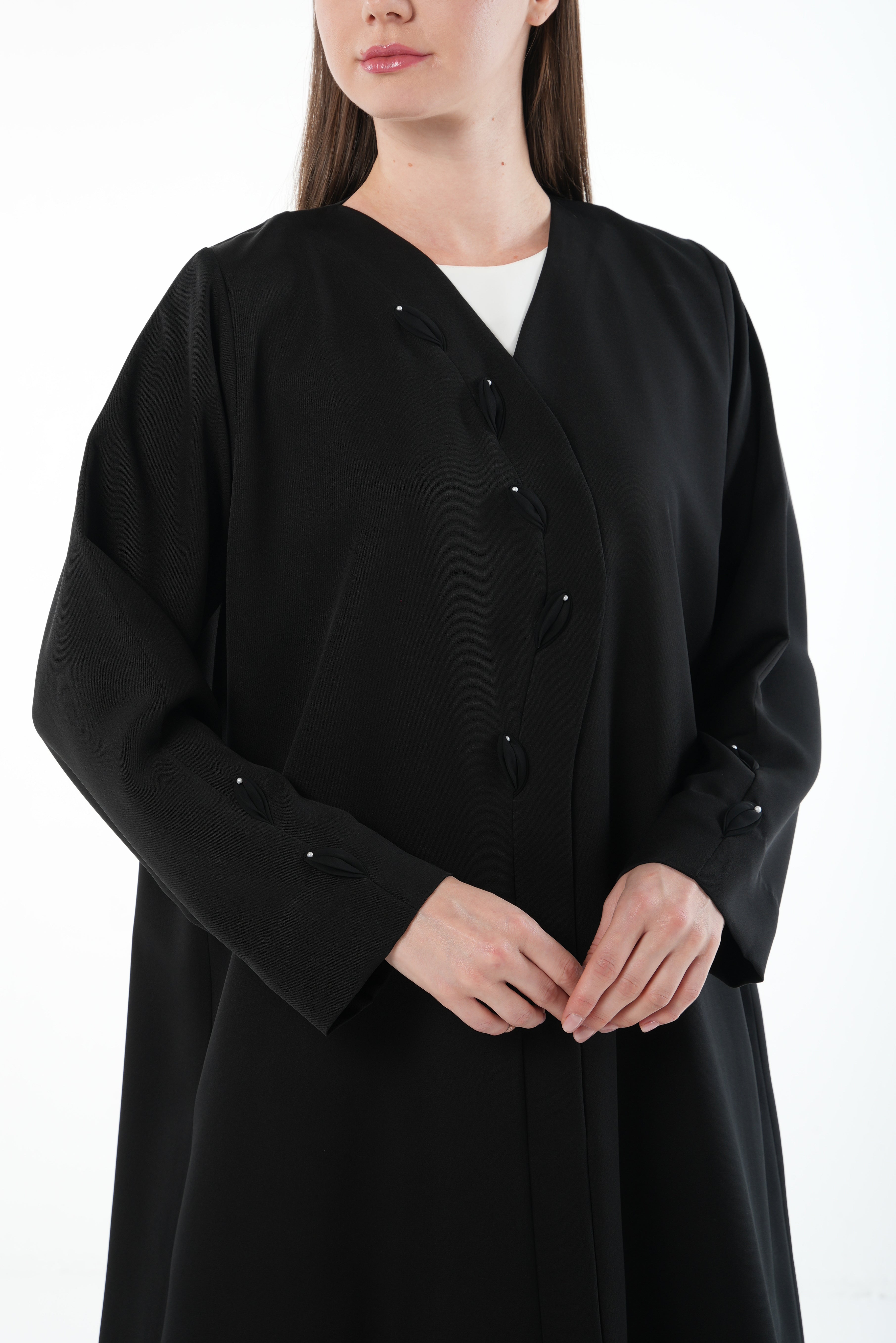 Black Emarati Crepe Abaya with Overlap and Leaf Embellishment - Posh Abaya