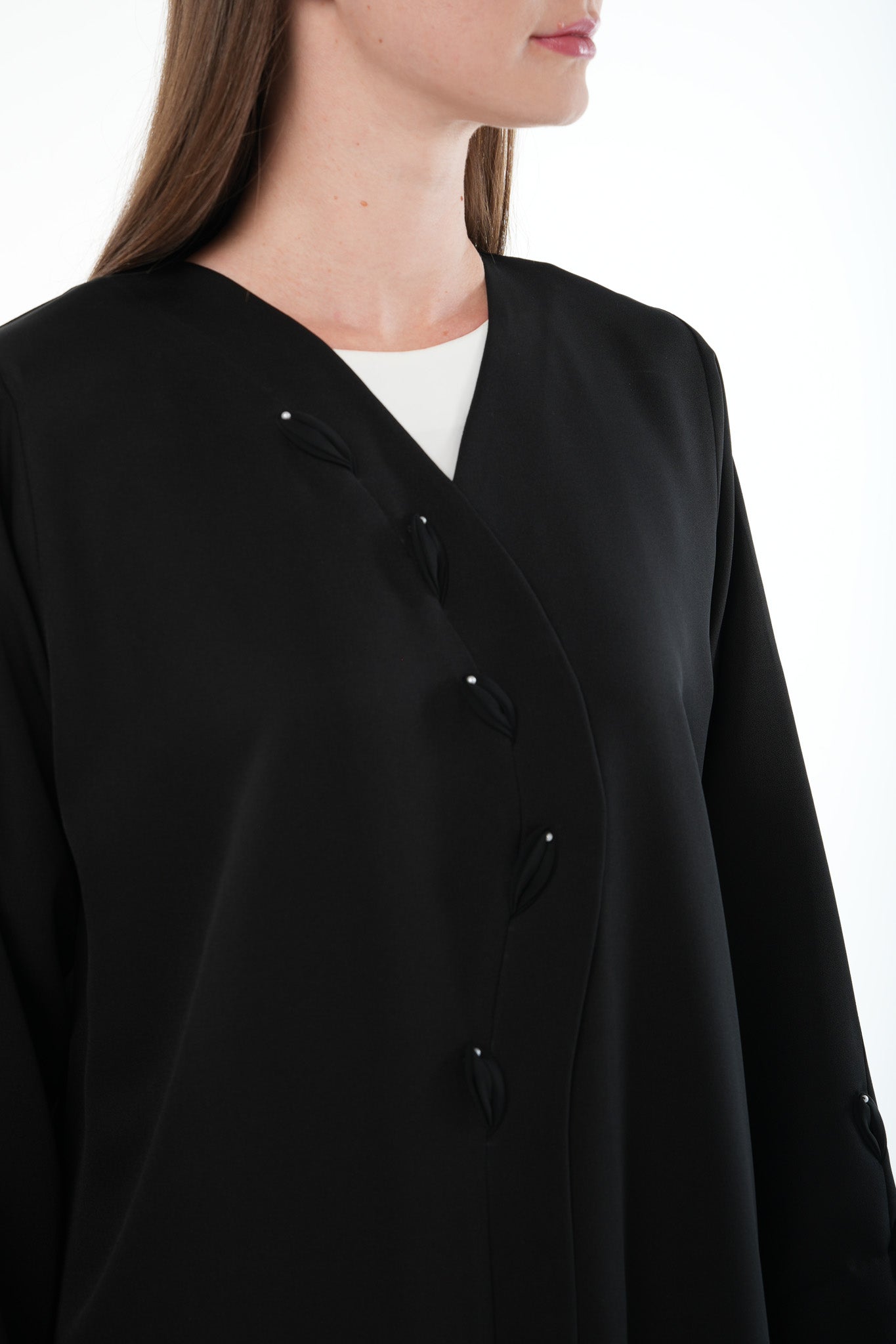 Black Emarati Crepe Abaya with Overlap and Leaf Embellishment - Posh Abaya