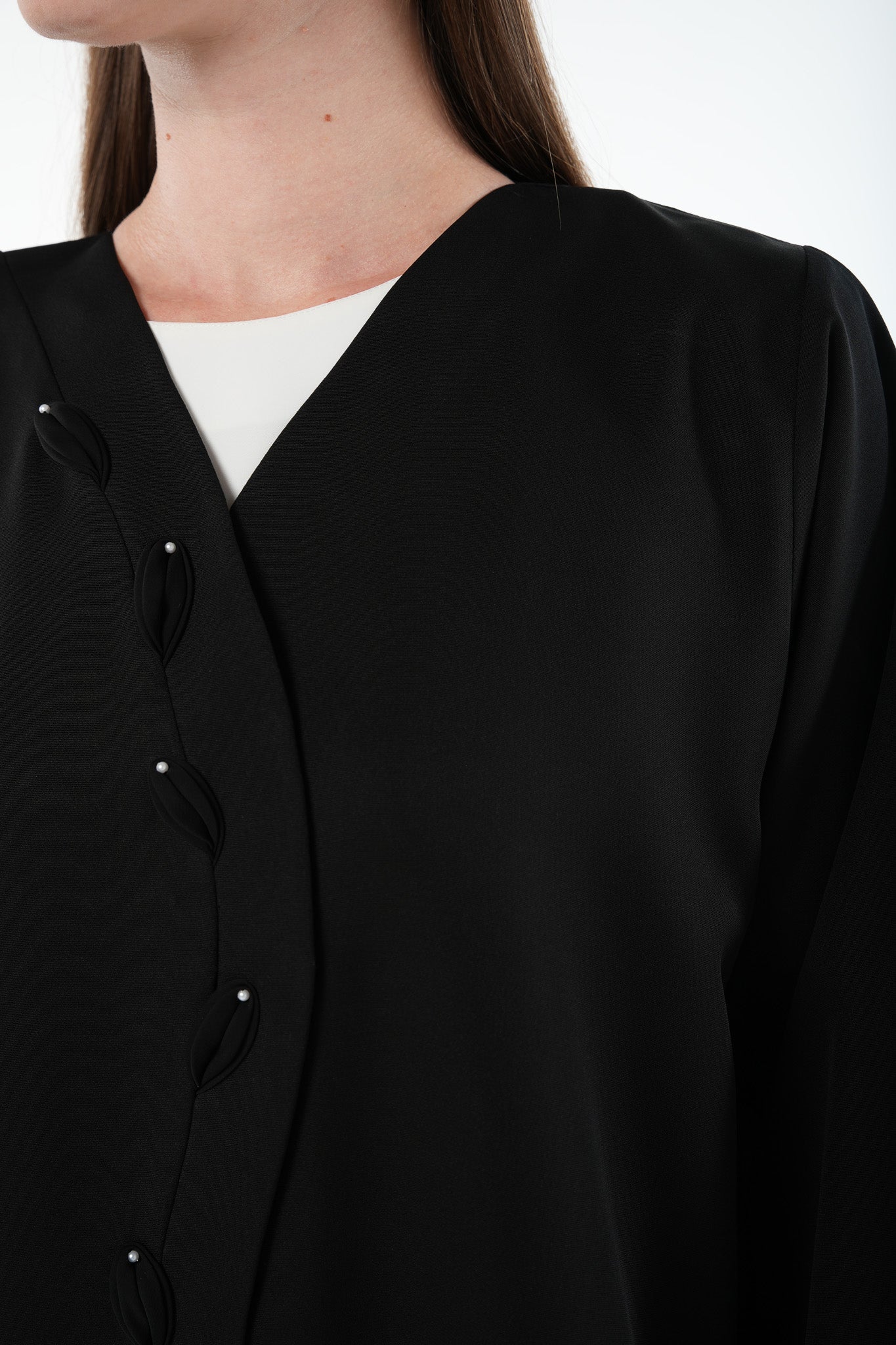 Black Emarati Crepe Abaya with Overlap and Leaf Embellishment - Posh Abaya